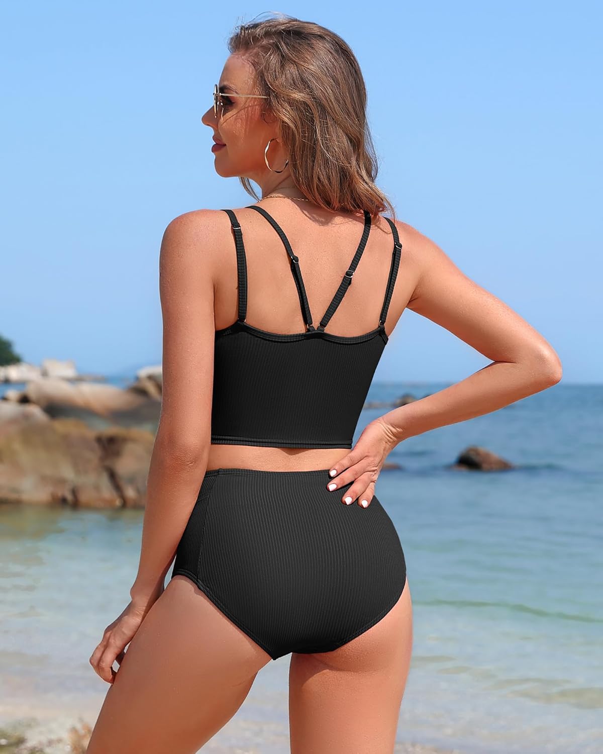 Charmo Women's High Waisted Bikini Sets Sporty Two Piece Swimsuit Ribbed Tummy Control Bathing Suit with Pockets - Image 2