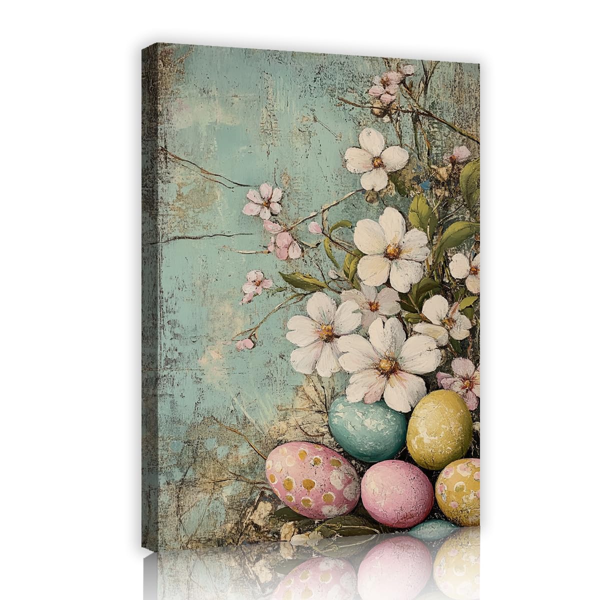 YUNART Duża dekoracja pisanek vintage kwiatowy botaniczny styl farmhouse płótno oprawione do łazienki 60 x 90 cm rama wewnętrzna