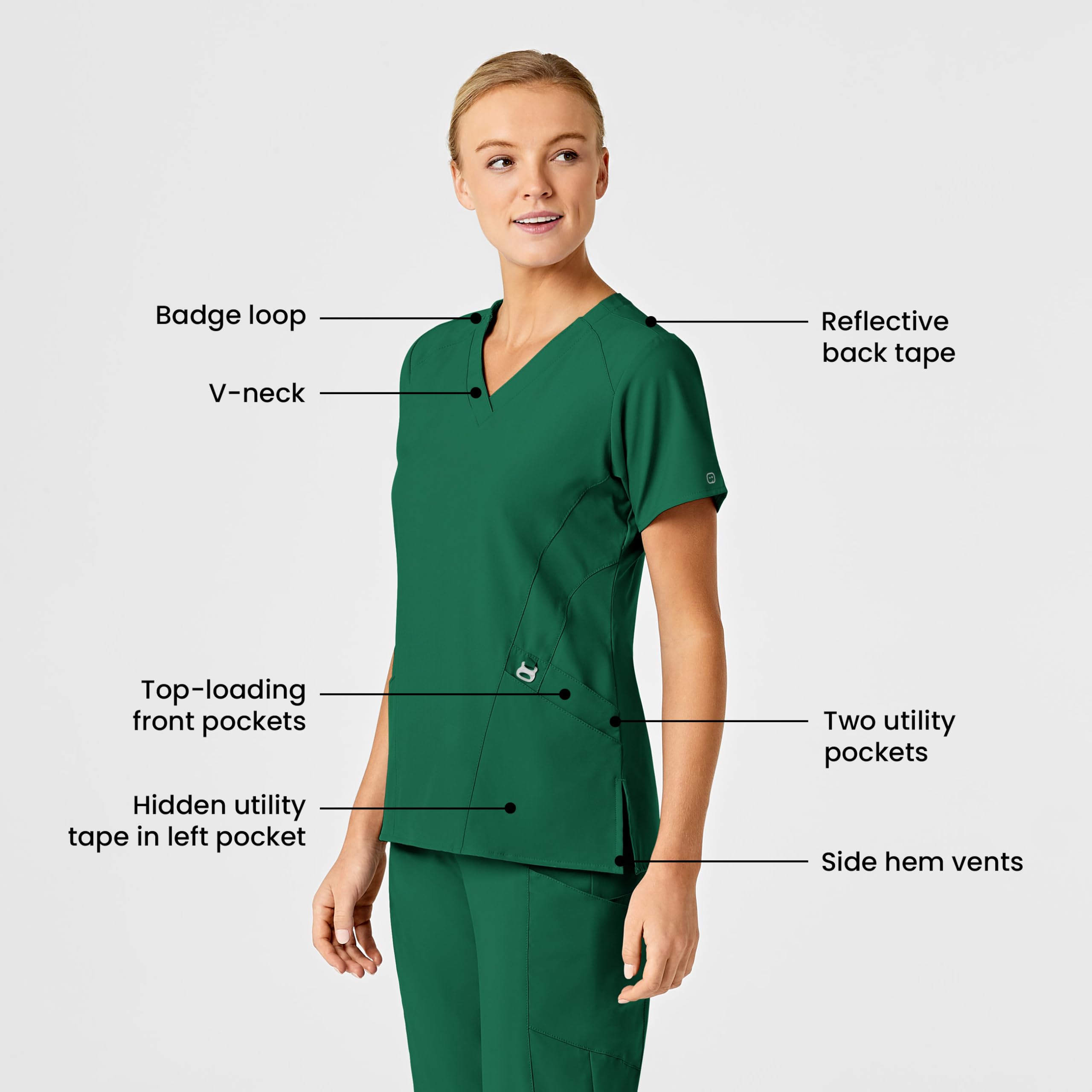 WonderWink 6155AHUNTLG W123 damski stylizowany top z dekoltem w kształcie litery V, zielony myśliwy, standardowy rozmiar L