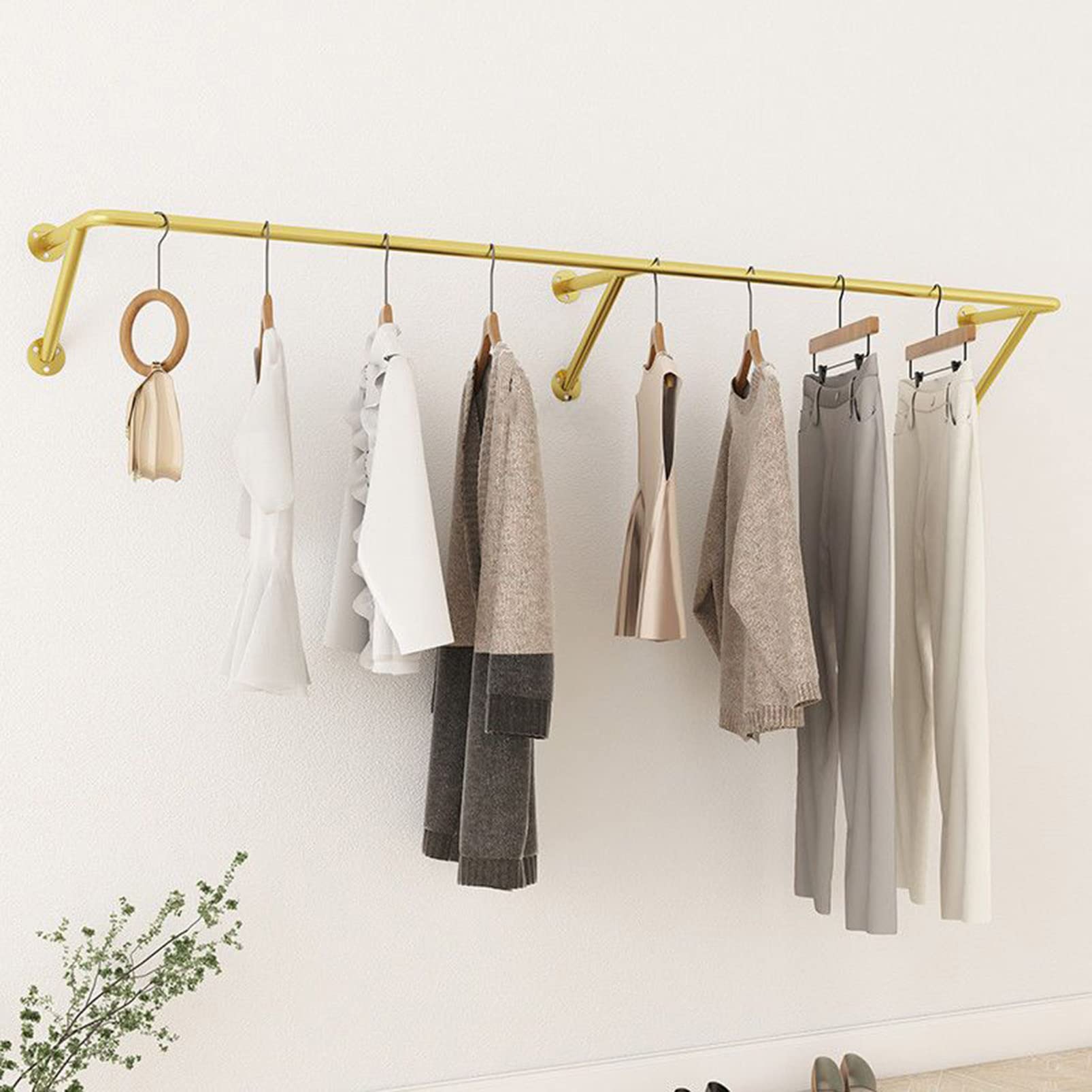 YNBSHGAA Modern Retail Garment Display rack, Boutique Store Hanger Industrial Pipe Clothes Bar, Wall-Mounted Garment Holder Storage Shelves Gold Clothes Rod, Cloakroom Organizer S,Gold-Length 250CM