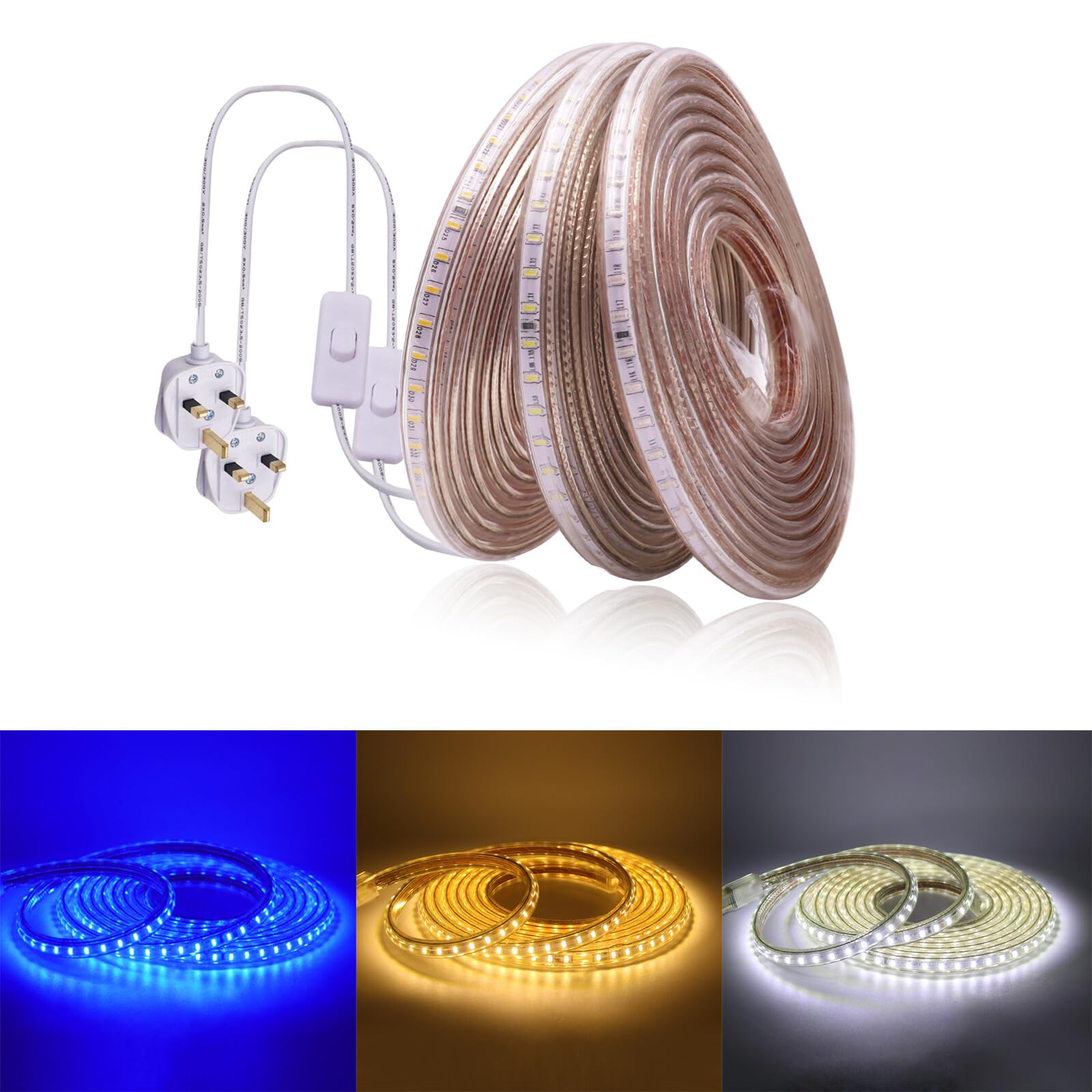 KAFULA 220V LED Light Strip with on/Off Power Plug, IP65 Waterproof, 120 LEDs/m Flexible LED Rope Light CRI85+, can be Cut Every 1m, Home Decoration Light Strip [22m, Blue Light]
