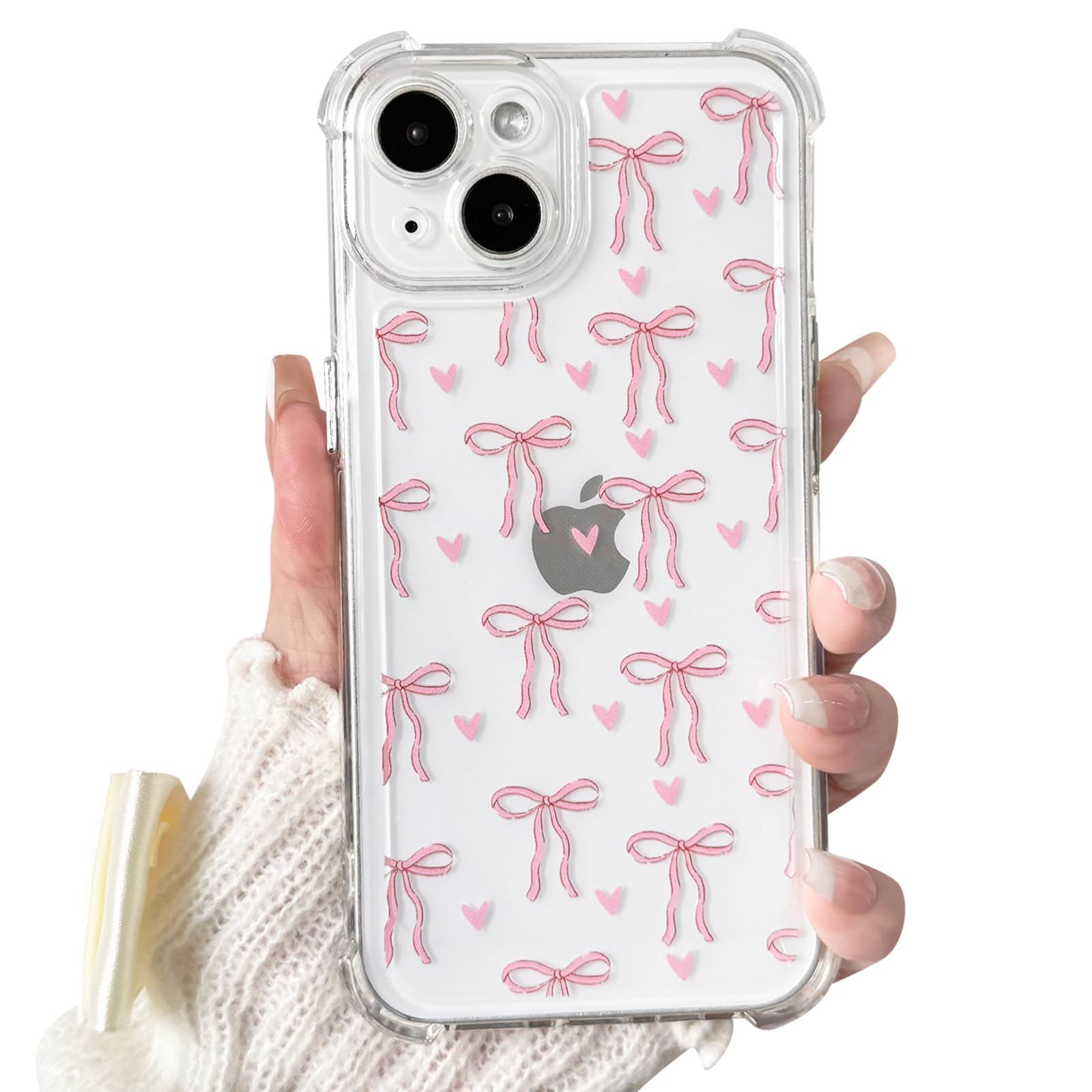 Lovmooful Compatible for iPhone 13/14 Case Cute Clear Bowknot Heart with Four Corners Shockproof Design for Girls Women Soft TPU More Protective Girly