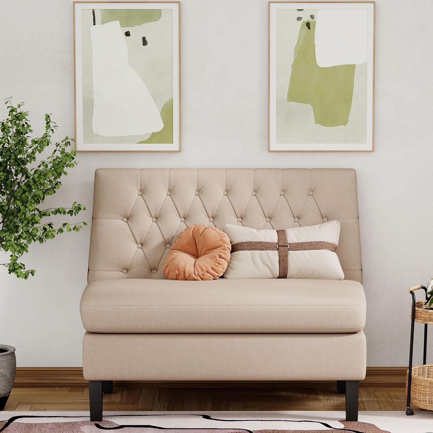 Andeworld Modern Tufted Button Back Upholstered Loveseat for Dining Room Hallway or Entryway Seating (Khaki)