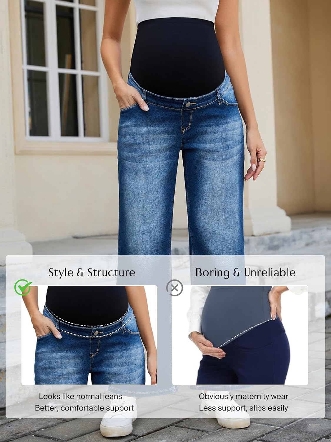 Ecavus Women's Maternity Jeans Over Belly Wide Leg Comfy Stretch Denim Pants with Pockets, XS-XXL - Image 7