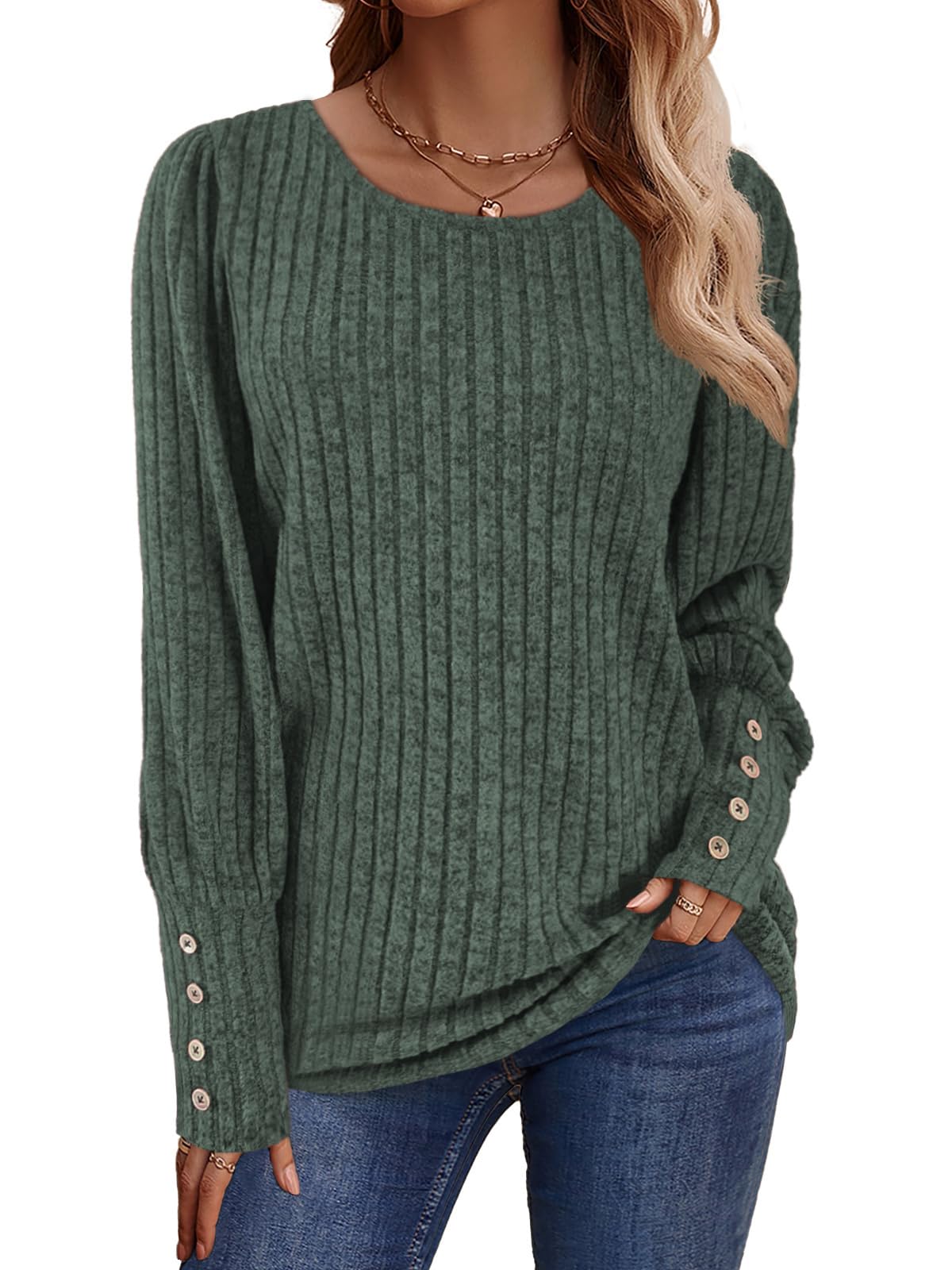 Lylinan Womens Ribbed Knit Long Sleeve Tops Casual Button Cuff Pullover Sweaters Blouses S-XXL