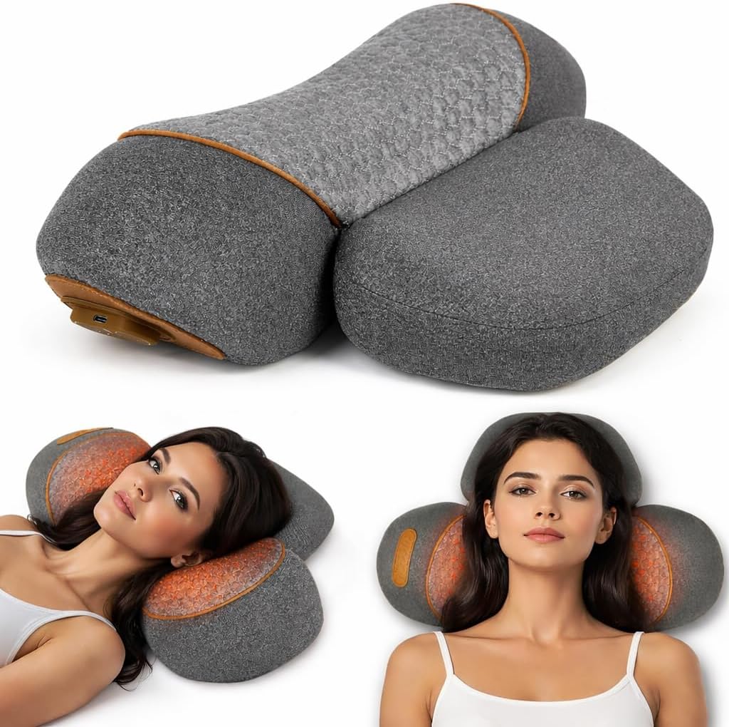 3-in-1 Neck Massager Pillow with Heat, Rechargeable Cervical Traction Pillow with Vibration Massage, Ergonomic Memory Foam Neck Support for Relaxation at Home, Office, Travel