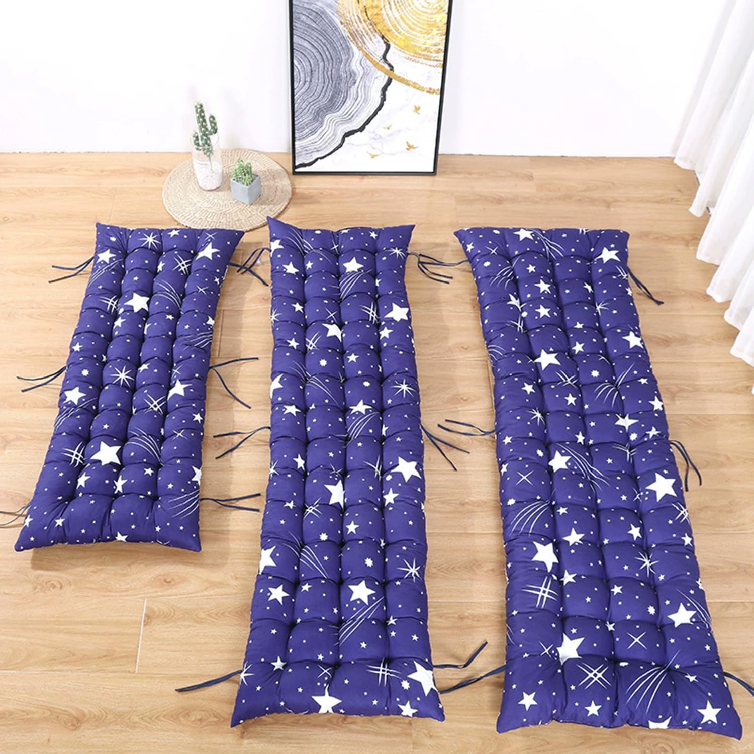 Pongpai 2 3 Seater Bench Cushion for Garden Patio, Seat Pad for Bay Window Swing Chair Sofa Mattress Mat with Non-slip Straps, Indoor and Outdoor Use (Blue-star,53x190cm)
