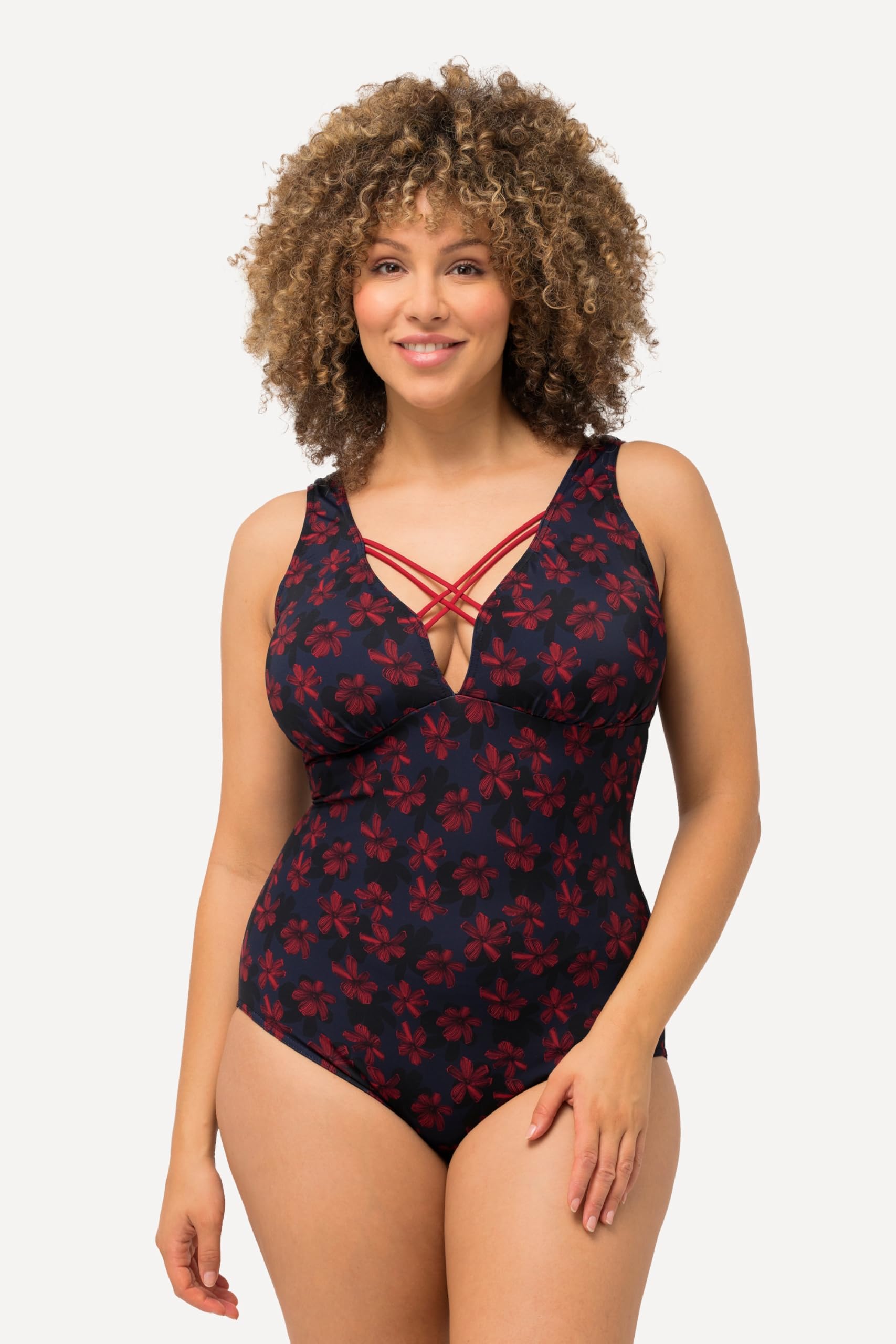 Ulla Popken Femme Grandes Tailles Maillot de Bain, Fleurs, Rubans Fantaisie, Bonnets Souples Marine 62 827035130-60