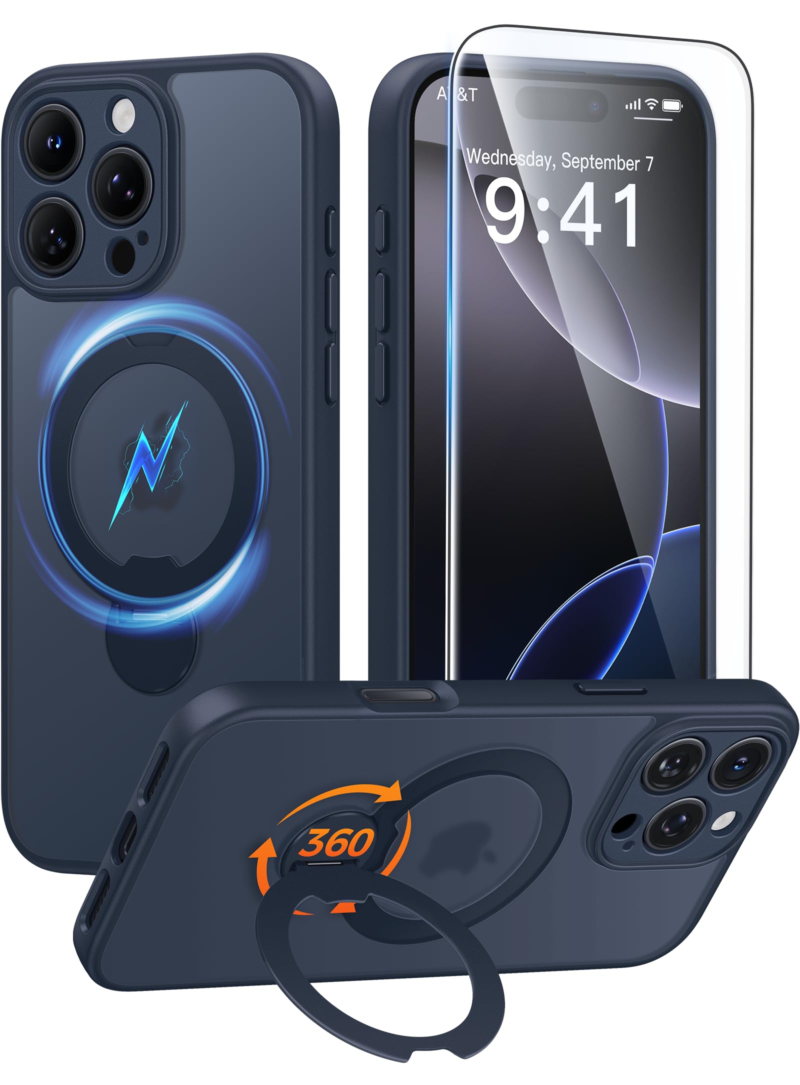 Photo 1 of FNTCASE for iPhone 16 Pro Max Case with 360 Spin Magnetic Stand Deep Blue