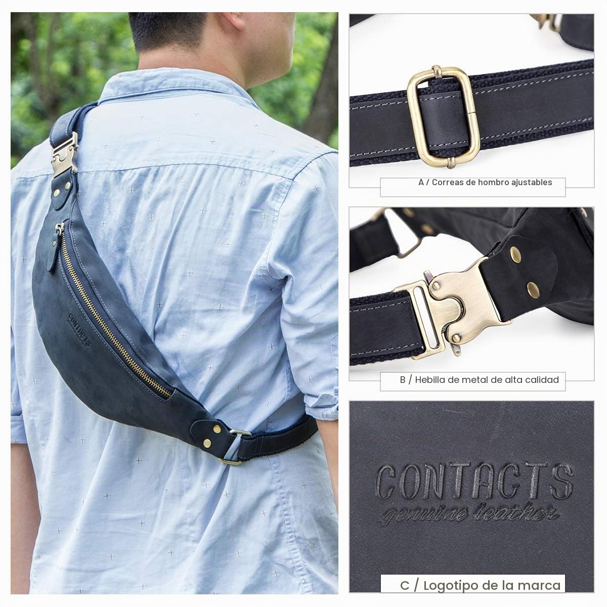 Riñonera de Cuero Genuino para Hombre, Riñonera multifunción con Cremallera, Azul Oscuro, Einheitsgröße, Maleta