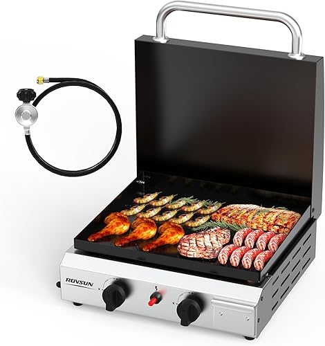 ROVSUN Plancha de propano portátil de 2 quemadores con bandeja esmaltada y tapa, parrilla de gas de mesa de 20,000 BTU con encendido electrónico y