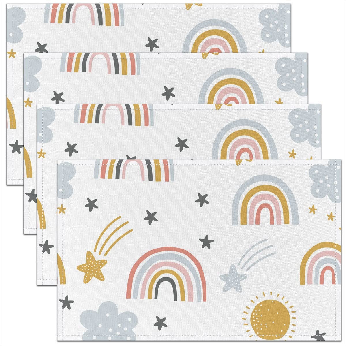 Regenbogen Tischsets 30x45 4er Pack, Sonne Und Sterne für Kinder Jungen Cartoon Wolke, Girly Anti-Rutsch Öl Abwischbar für Esszimmer Terrasse Tisch Küche, Gelb Rosa