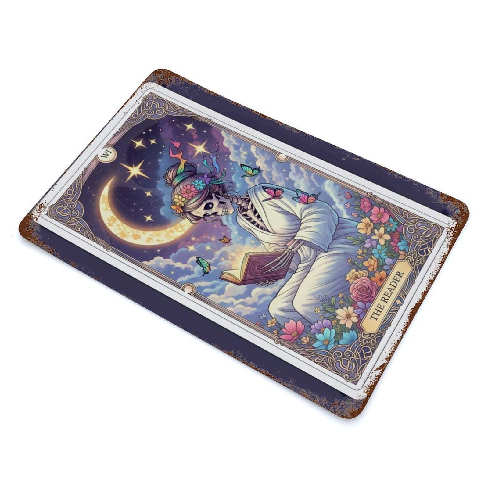 Rustic Tin Plaque with The Reader Tarot Card Illustration Design 11.8"x7.9", for Cafe, Home Bar And Lounge Decor, Industrial Home Decor