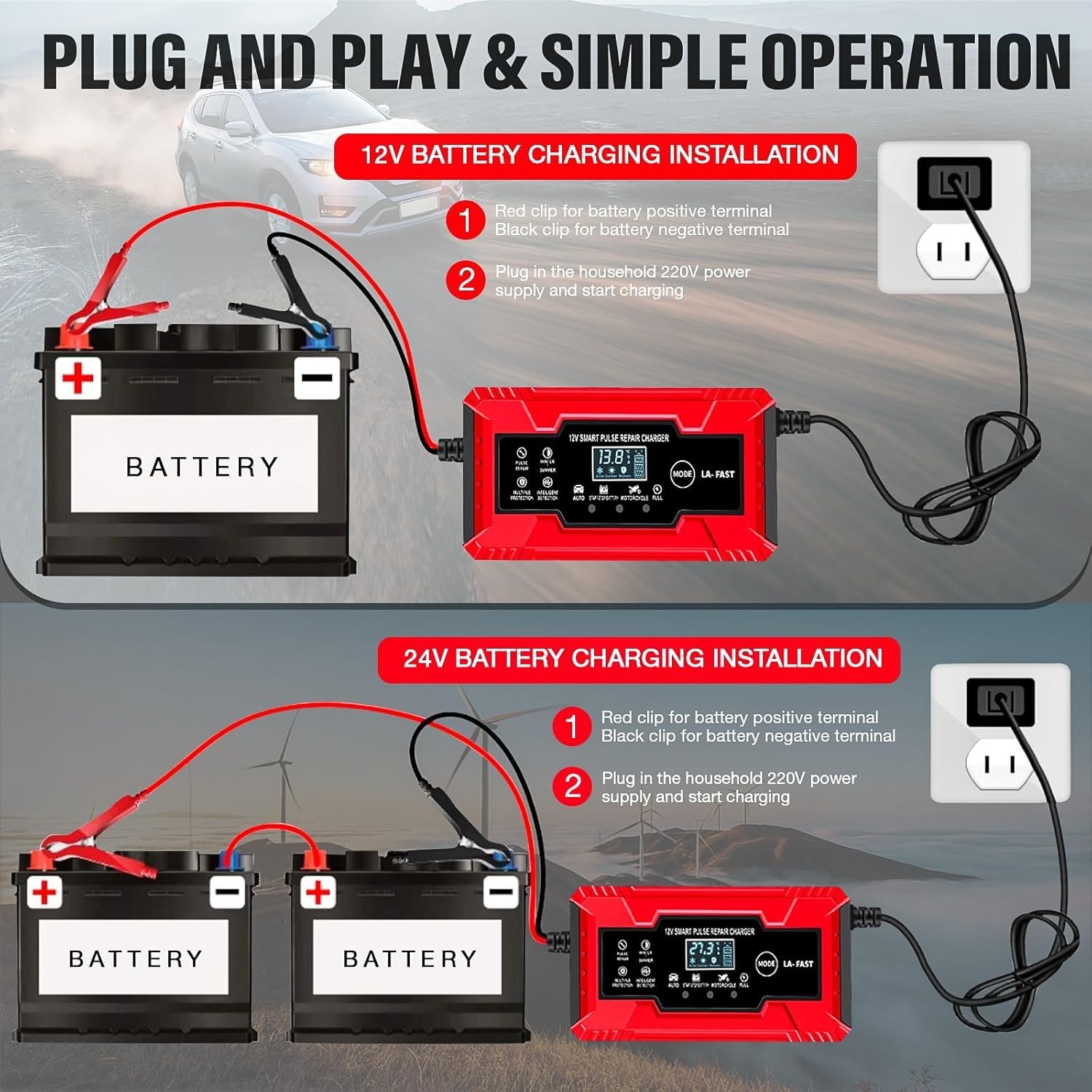 YDBAO Intelligente Batterijlader 12A 12V/24V Automatische