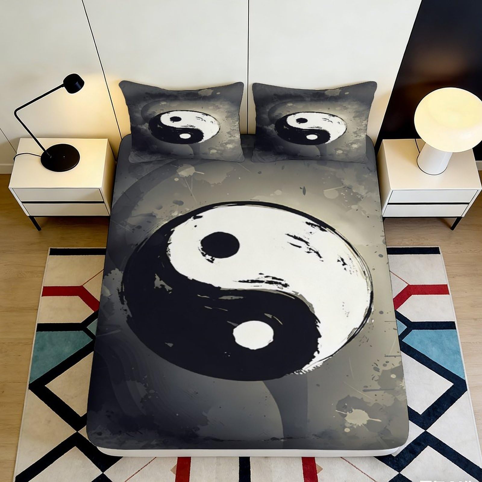 3D Printed Yin Yang Symbol Fitted Sheet Microfiber Soft Black White Grunge Bed Cover for Bedroom Guest Room Decor 160x200x25cm