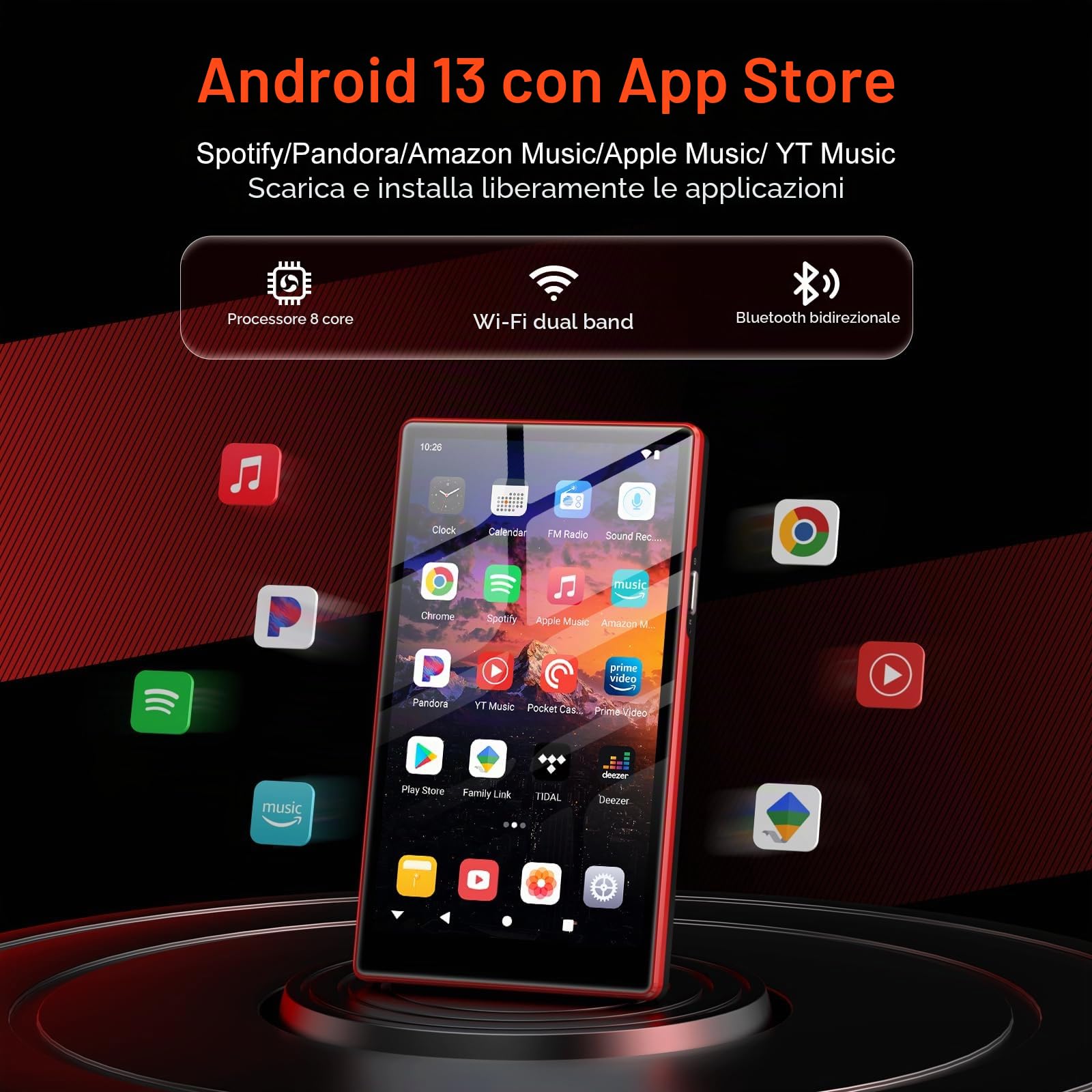 160GB Lettore MP3 con Bluetooth e WiFi, Oilsky 5" MP4 Player HD con Spotify, Amazon Music, Audible, Deezer, Lettore Musicale Android 13 con Touch Screen e Altoparlanti (nero)
