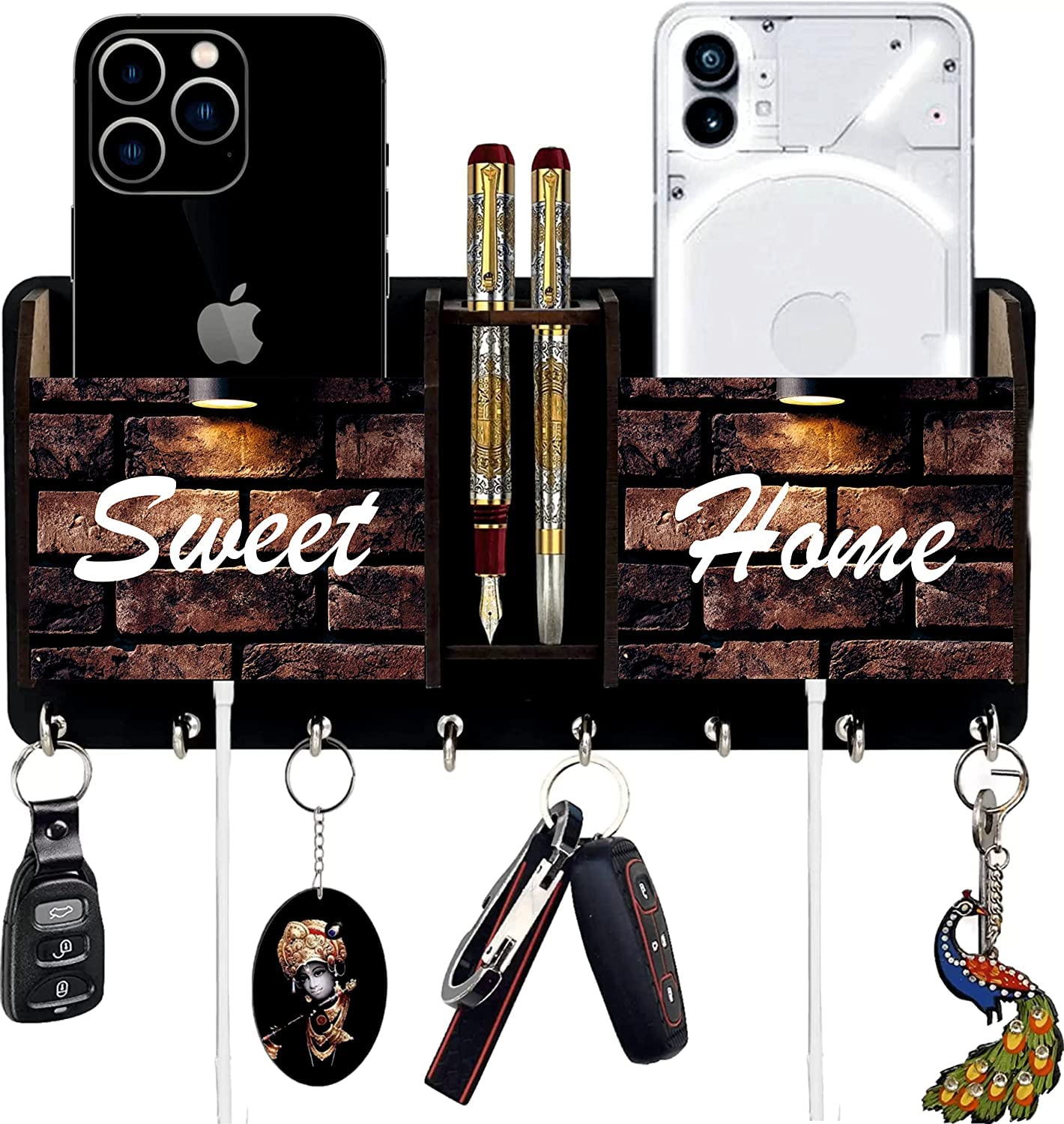 Home Furnishing Wooden 8 Hook Key Holder Special Designer Pocket Pen, Mobile and TV Remote Stand (28cm x 12cm x 6cm) (B0CGPW7VR7) Amazon Price History, Amazon Price Tracker