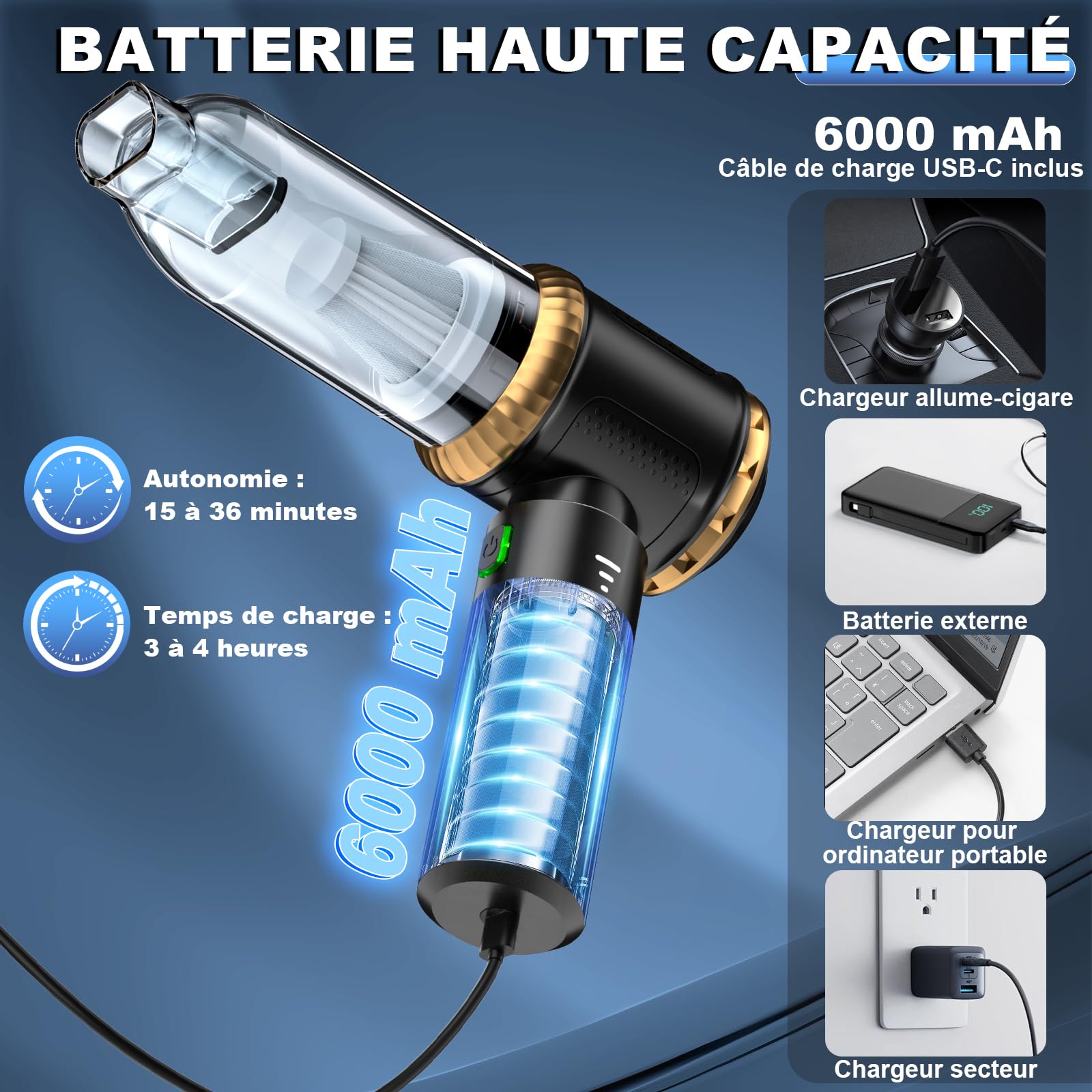Aspirapolvere a mano 4 in 1, 25000 PA per auto forte, aspirapolvere a 3 marce, senza fili, con motore senza spazzole, 220000 giri/min, aspirapolvere per auto, divano, PC, ufficio e pulizia dei
