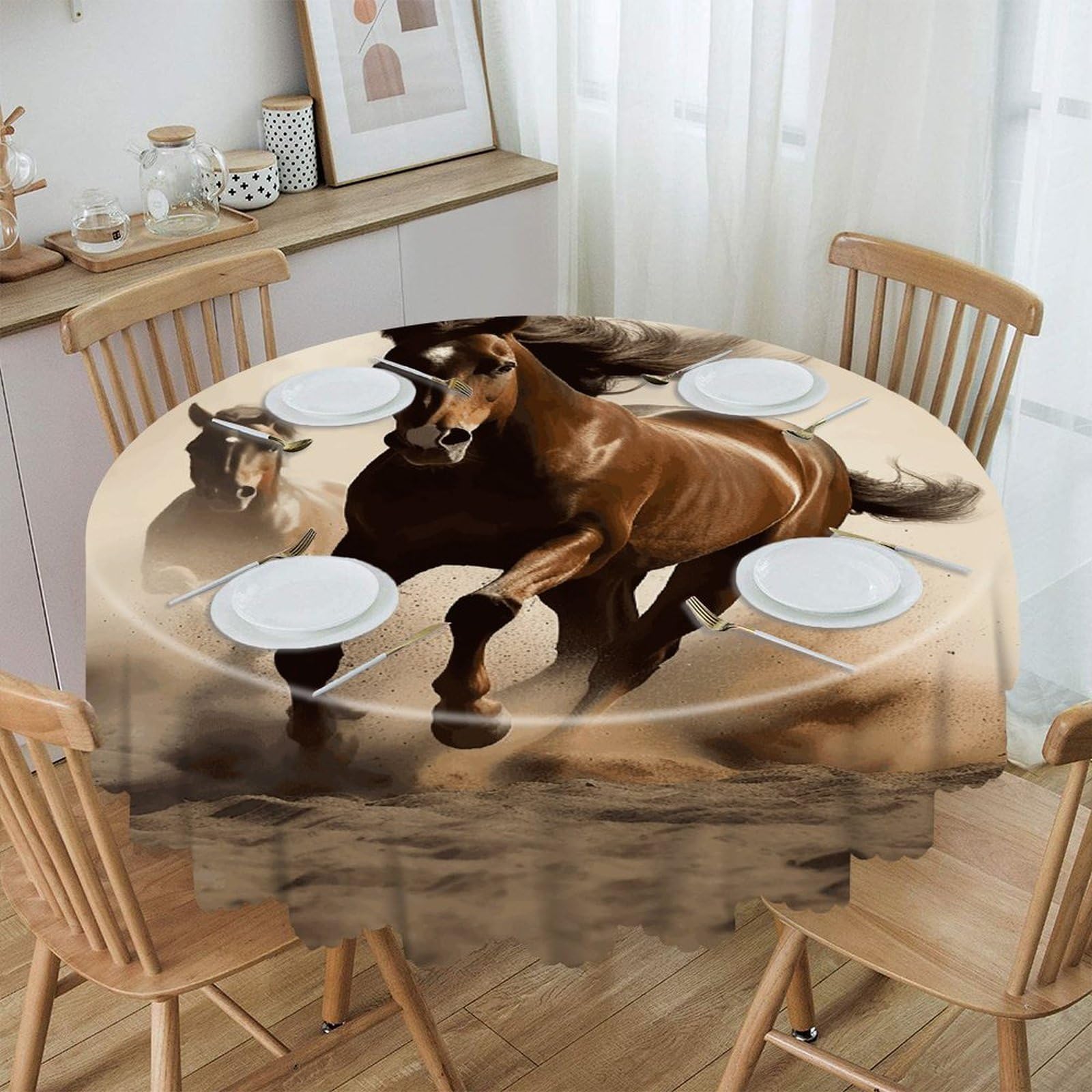 VstaDank Animals Horse Running Round Tablecloth 60 Inch Easy to Clean Circle Table Cover Thick Decorative Round Polyester Table Cloth for Dining Kitchen Party Farmhouse Outdoor