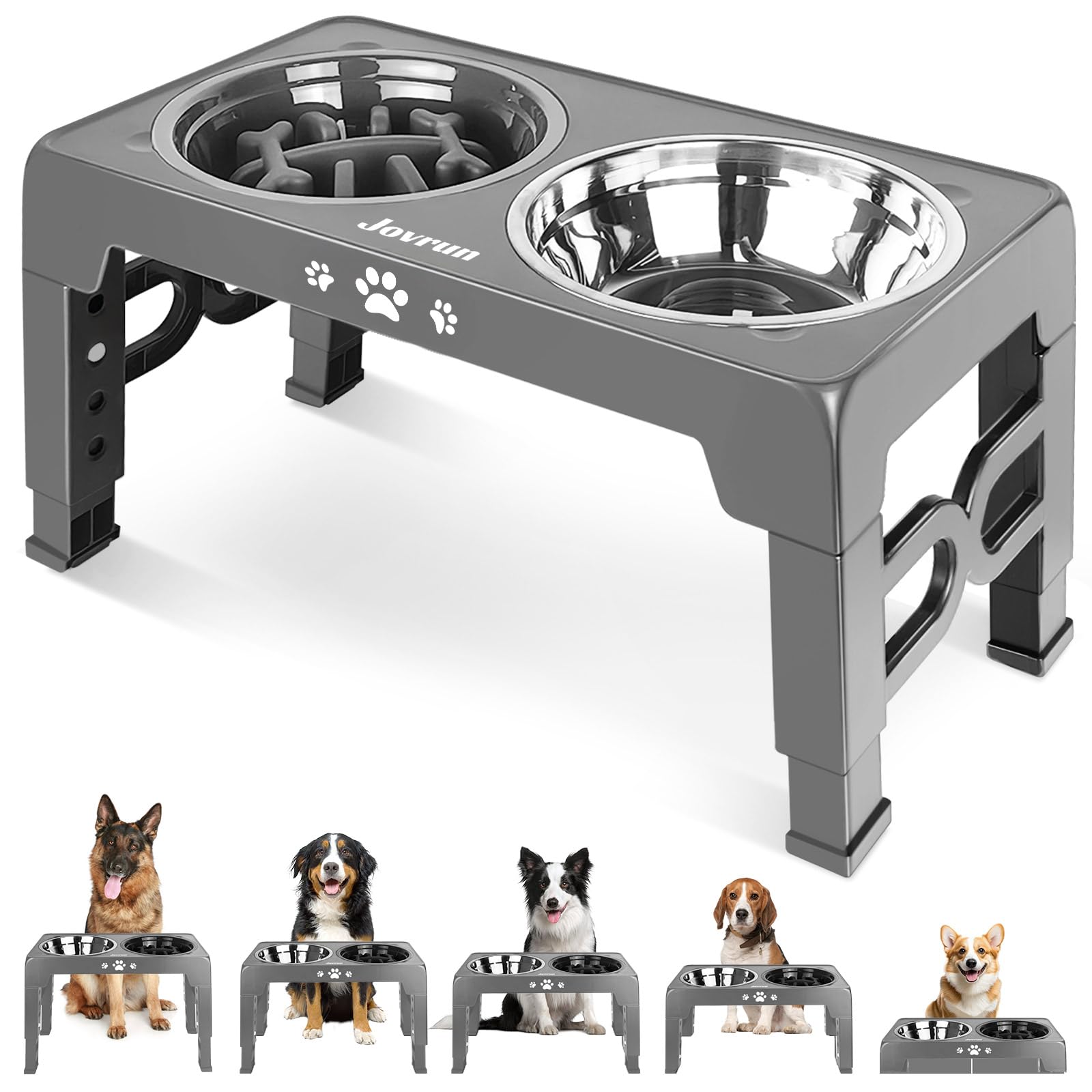 Jovrun Elevated Dog Bowls with Stand, Raised Dog Bowl Set with 1 Thick Stainless Steel Dog Food Bowls & 1 Slow Feeder Bowl, 5 Height Adjustable Dog Bowl Stand Elevated Feeder for Large Medium Dogs