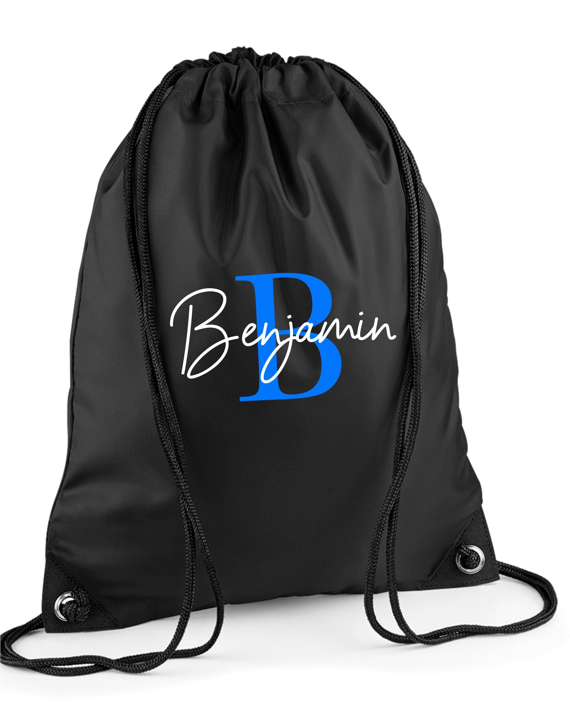 Daytripper Personalised Drawstring Bag For Girls and Boys, Custom Name & Initial, Gym Bags For Kids, Swimming Bag, PE Gymsac, Primary School, Nursery, Glitter (BLACK-BLUE)