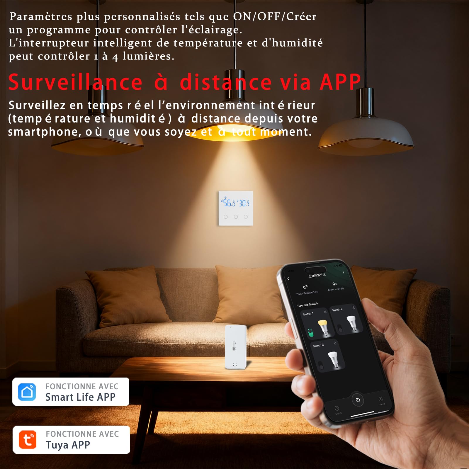 Interrupteur Lumière Connecté Mini Capteur Température D'humidité Intérieur | Tuya WiFi Interrupteur Tactile 3 Voies Mural Light Switch avec Rétroéclairage(Conducteur Neutre Requis) pour Alexa/Smart Life