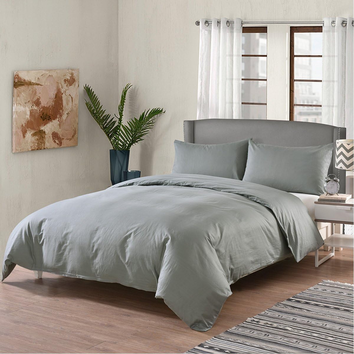 RUIKASI King Size Bedding Set, 3 PC Bedding Set Grey 100% Healthy ECO Friendly Natural Cotton, Duvet Cover King Size 220x230 cm with zipper and 4 corner loops, 2 Pillowcases 50x75 (Grey, King)