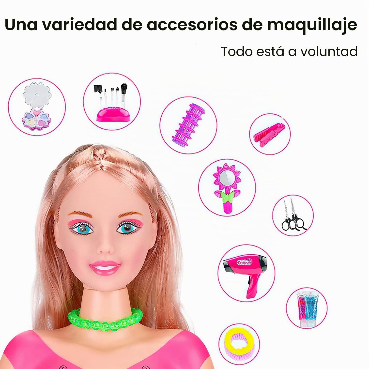 Cabeza para peinar, 35 cabezas para peinar y maquillar, juguete para niñas de 1 a 9 años, cabeza de estilo de muñeca para peinado del cabello (Rosa), Tete a coiffer