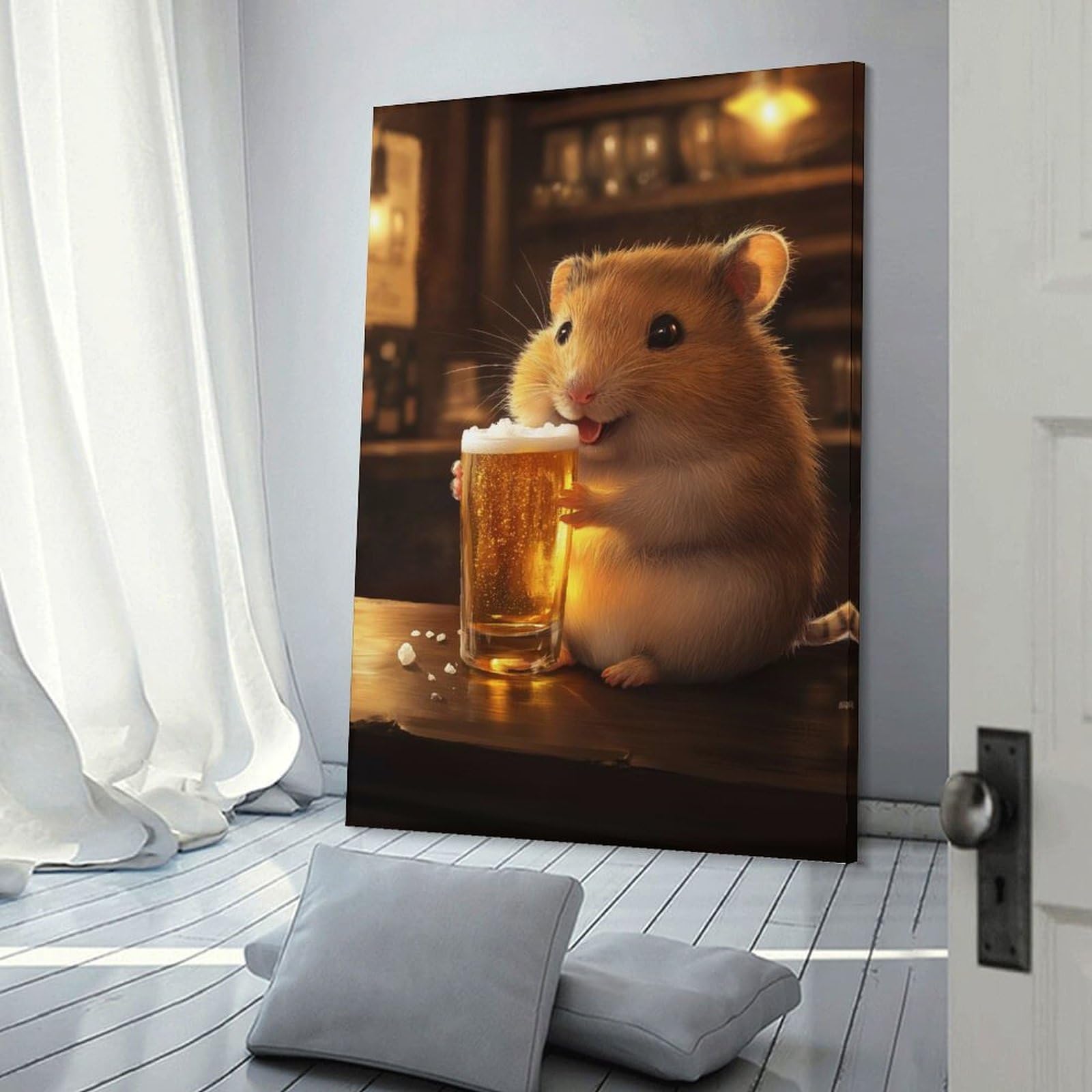 Junmoney Frame-Style-16 Hamster With Beer In A Bar Canvas Wall Decor 20X30inch(50X75cm), For Small Homes, Bedrooms Or Open Spaces, Stylish Wall Art For Fresh Spaces