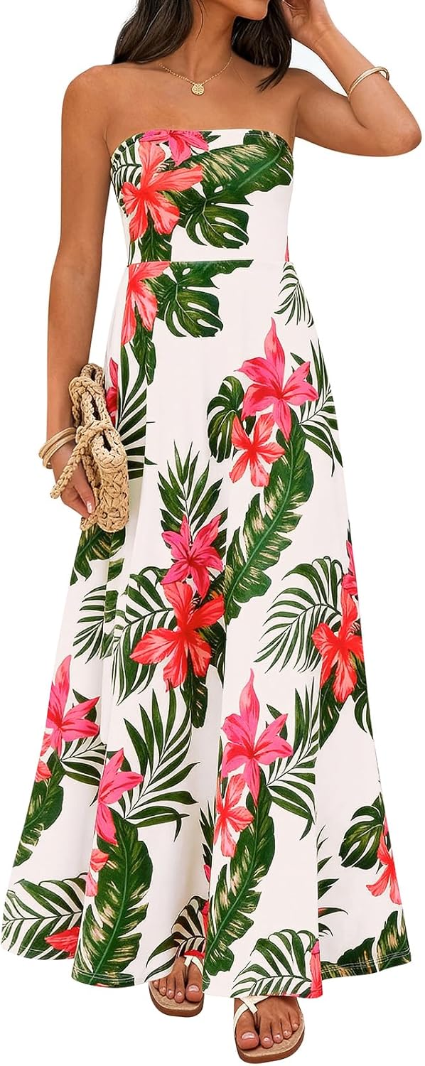 PRETTYGARDEN Sleeveless Floral Summer Maxi Dresses for Women 2026 Tube Top Flowy Long Dress Tropical Beach Vacation Clothes