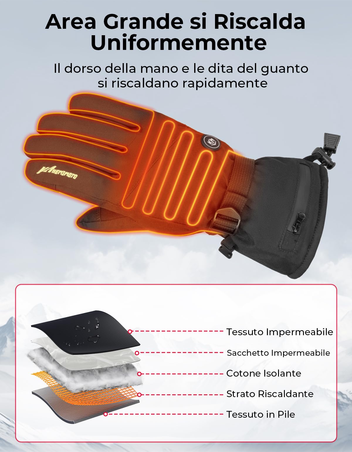 KEMIMOTO Guanti Riscaldati Uomo Donna, Guanti Invernali Impermeabili, Guanti da Sci Riscaldati Antivento con Batterie, per Sci Pesca Caccia Campeggio