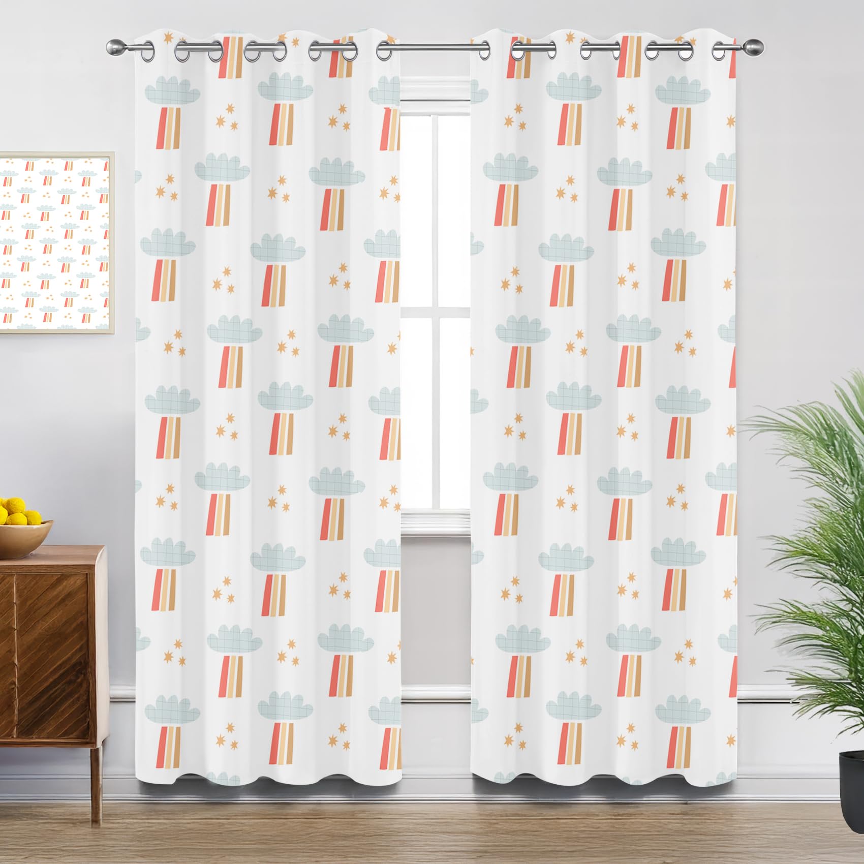 Kids Curtains for Living Room, Cartoon Cute Clouds Nursery Simple Blackout Curtains Thermal Insulated Extra Long Bedroom Curtain Eyelet, W90 X D108, 2 Panels Drapes Home Decorations