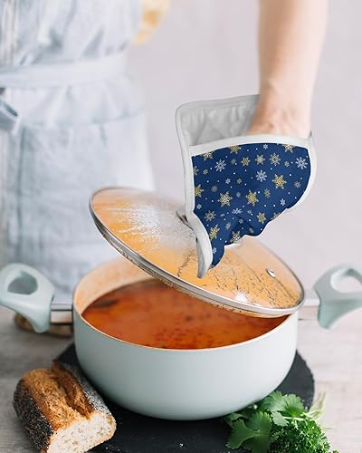 Miniatura 4 de Juego de 4 agarraderas de tela de toalla con diseño de copo de nieve de color dorado marino para cocina, antideslizantes y aislantes de calor, con