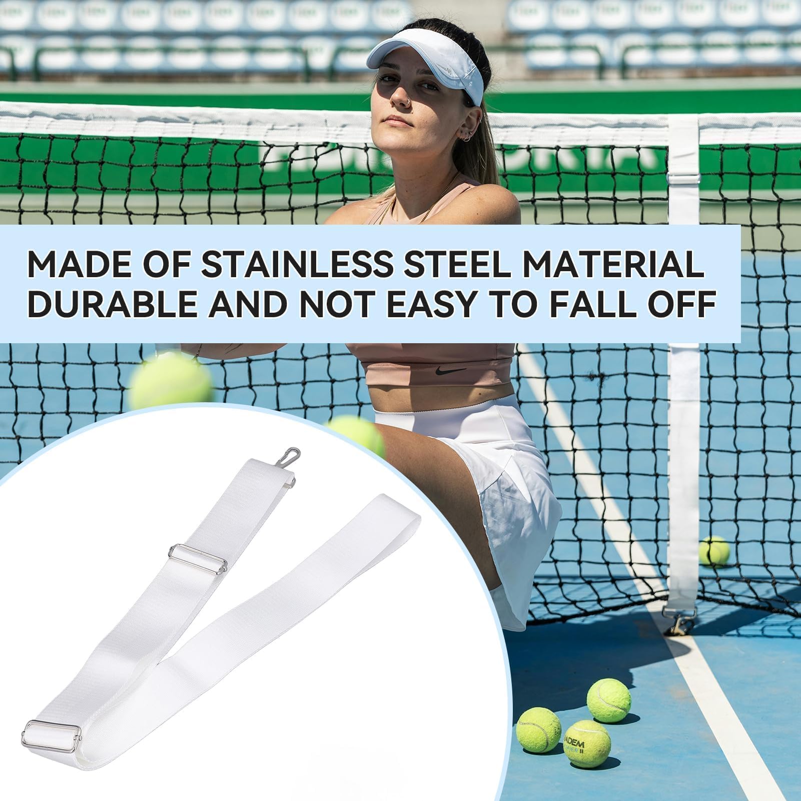 Cinghie per Rete da Tennis, 2,2m x 5cm Cinghia Centrale per Rete da Tennis Altezza Regolabile Cinghie per Rete da Tennis con Fibbia in Acciaio Inossidabile