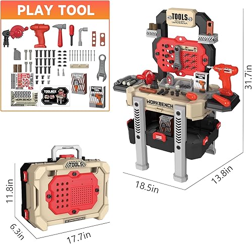 Miniatura 7 de SLTBEH Juego de banco de herramientas para niños pequeños, 78 piezas con kit de herramientas realistas, banco de trabajo para niños con taladro de