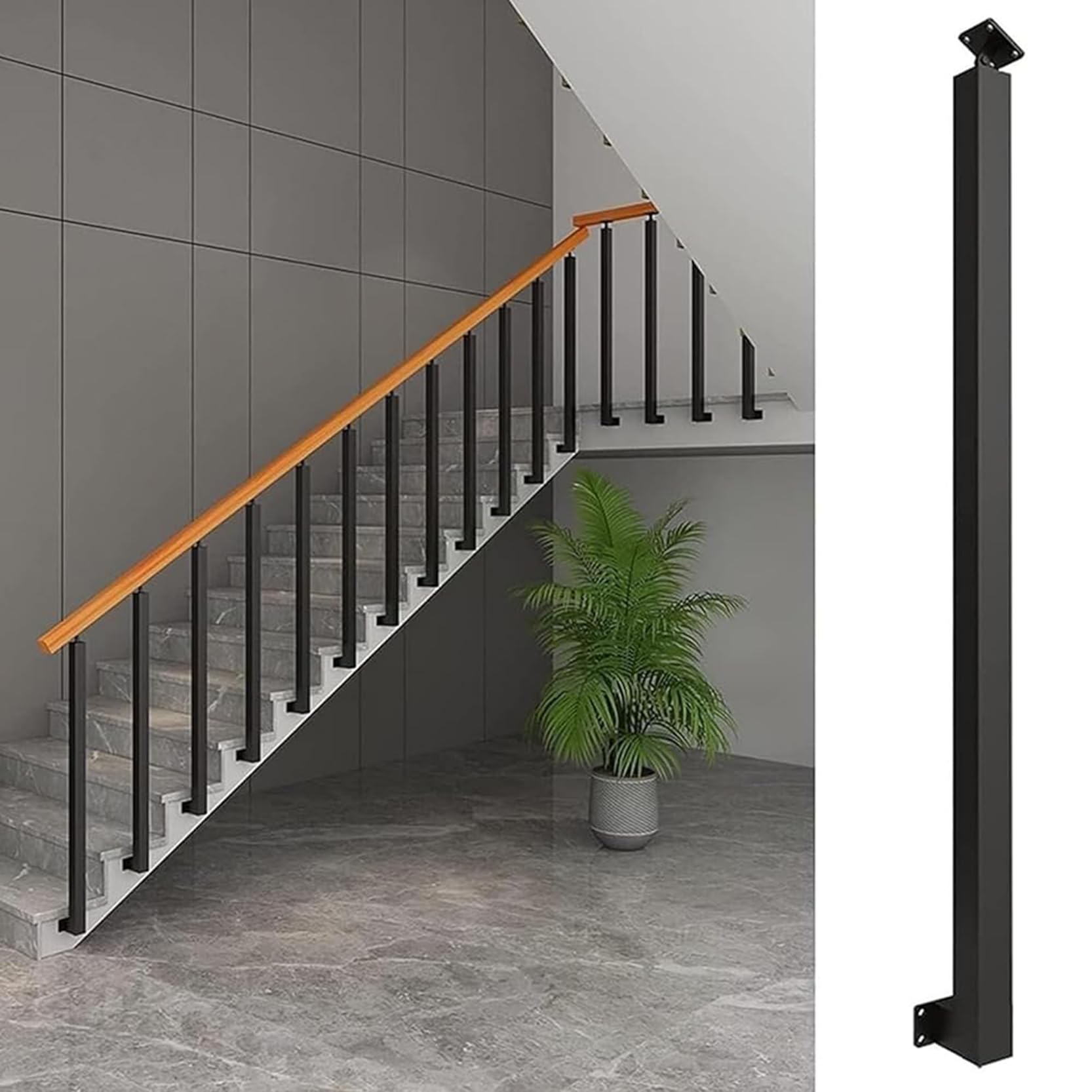 Side Mount Stair Balusters Post Kit,Stairs Banister Railing Spindle Post,Square Metal Railing Spindles with Flat & Adjustable 270° Angle Bracket,for Attics Steps(Size:65cm/25.6in,Color:Black)
