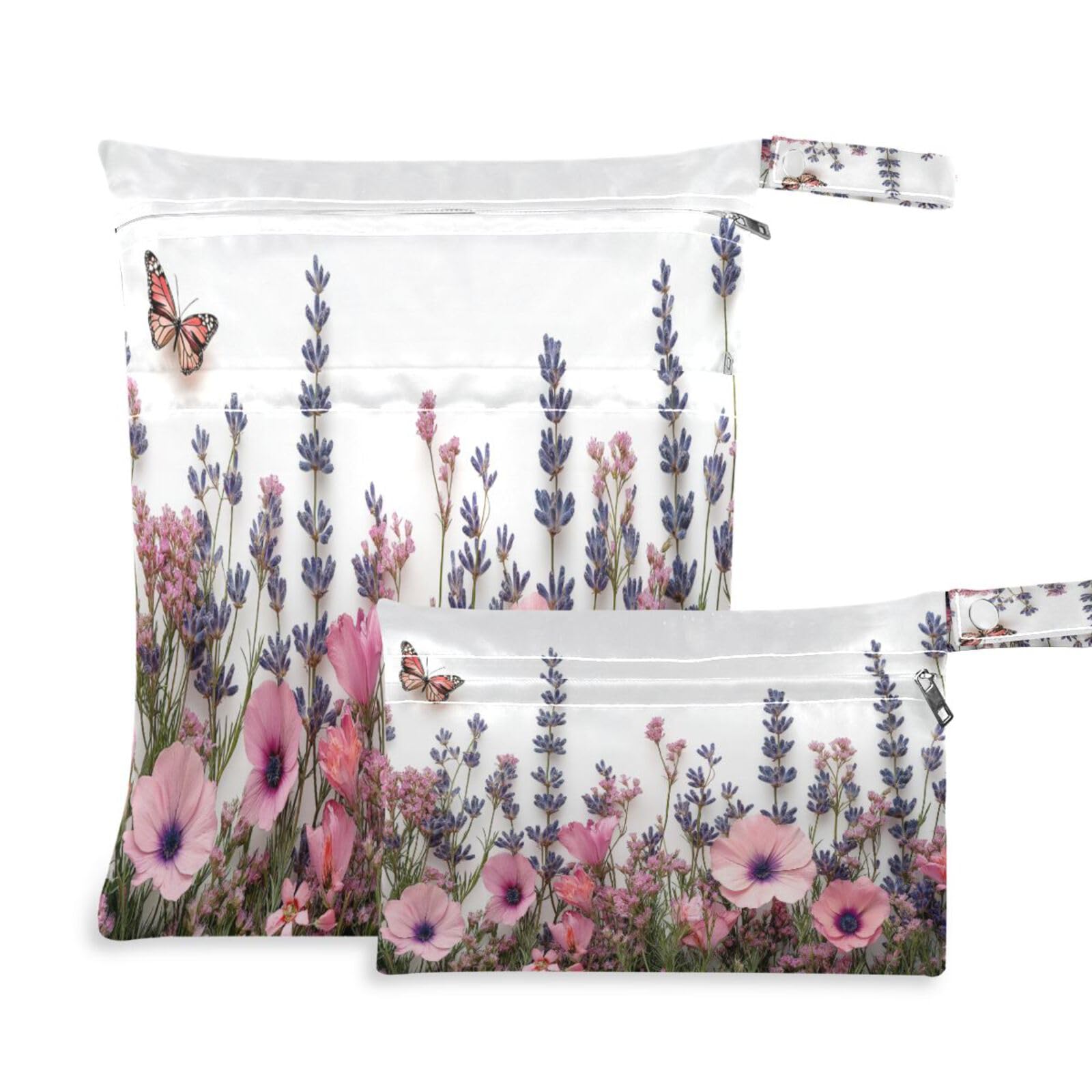 ATTX Pink Wild Flowers Wet Dry Bags 2-Pack - Reusable Cloth Diaper Storage for Travel, Beach & Gym | Multi-Use Waterproof Bags for Swimsuits, Baby Clothes, Sports Gear#258