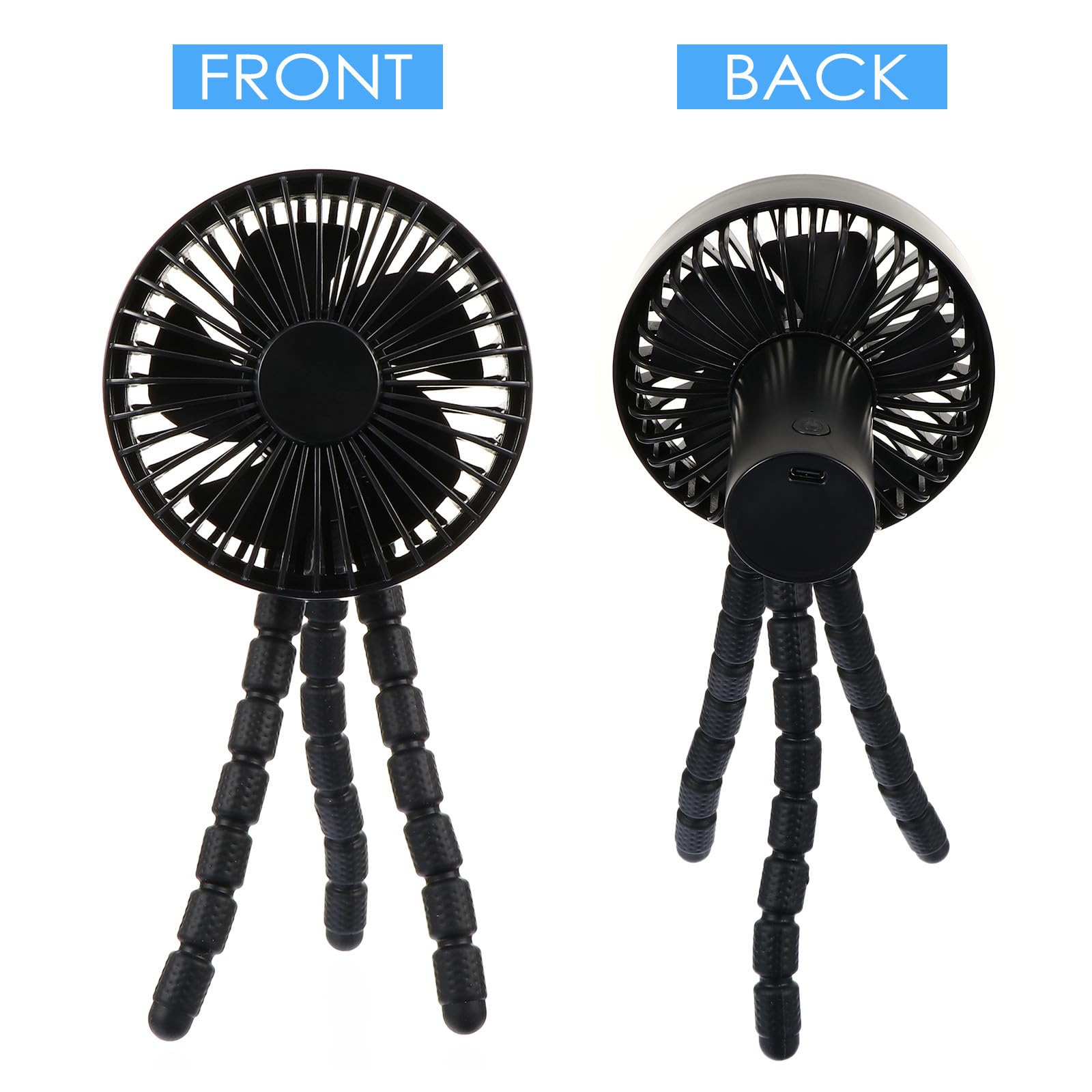 WOONEKY Ventilador de refrigeración para exteriores recargable con trípode flexible para cochecito de, negro, ABS y PP, ligero, para verano y uso al aire libre