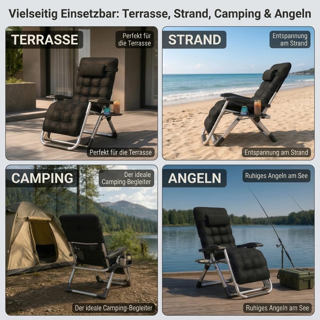 Zero Gravity Liegestuhl, Sonnenliege Klappbar mit Klapptaschen, Outdoor Sessel für Balkon oder Garten für Patio-Pool-Camping-Strand, Gartenliege Mit Tassenhalter & Kissen (Schwarz 1 Stück)