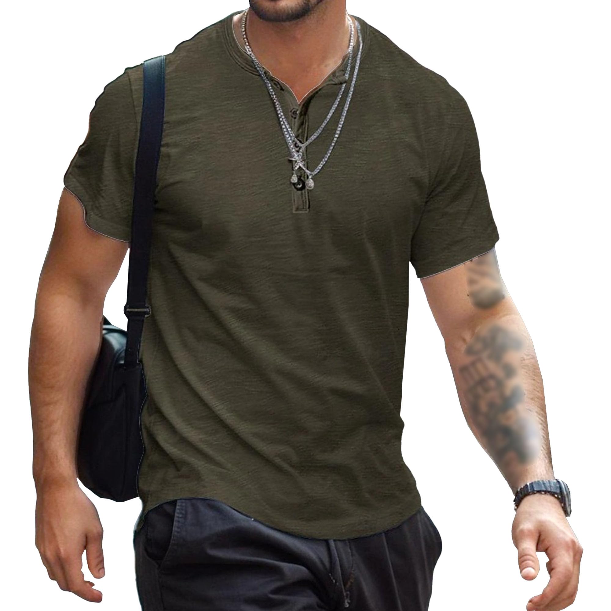 Men Quarter Button Short Sleeve T-Shirt Casual Round Neck Sports Polo Shirt Summer Classic Comfortable Solid Tops (Navy Green,X-Large)