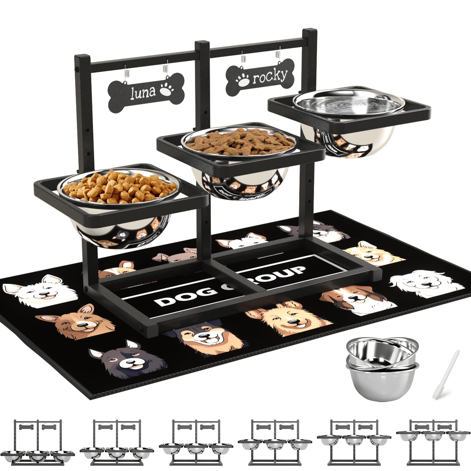 SHAINFUN Elevated Dog Bowls for Medium/Large Dogs with Mat, 6 Height Adjustable Raised Dog Bowls, Three Large 58oz Food Water Stainless Steel Bowls