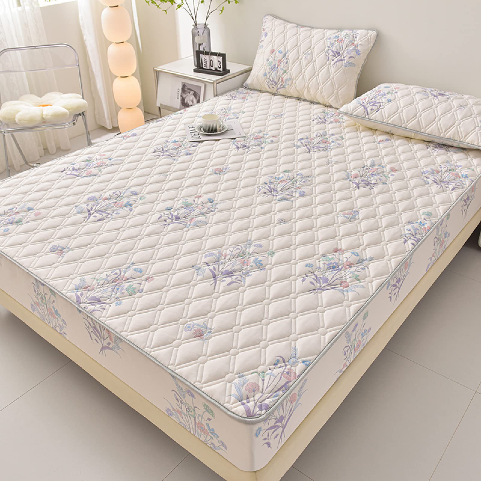 Spannbetttuch Hautsympathisch 180 x 200cm, verdicken, Gesteppte Matratzenauflage, gestepptes Bettlaken und Kissenbezug, Matratzen-Schlafzimmer für Jungen und Mädchen