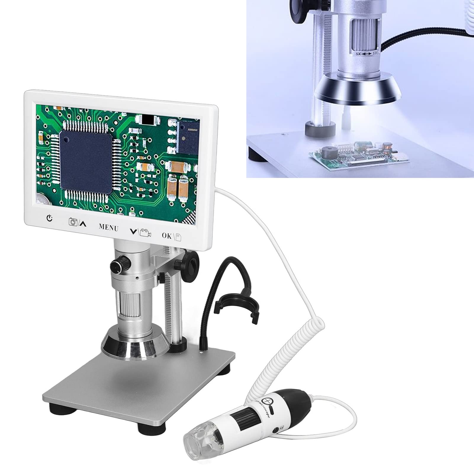 Hyuduo Microscopio Digital, Microscopio Industrial de Acero Inoxidable ABS, Pantalla IPS de 2 MP y 7 Pulgadas, Zoom de 5X a 53X, Medición de Foto y Video para Soldar Reparación de Joyas con Monedas