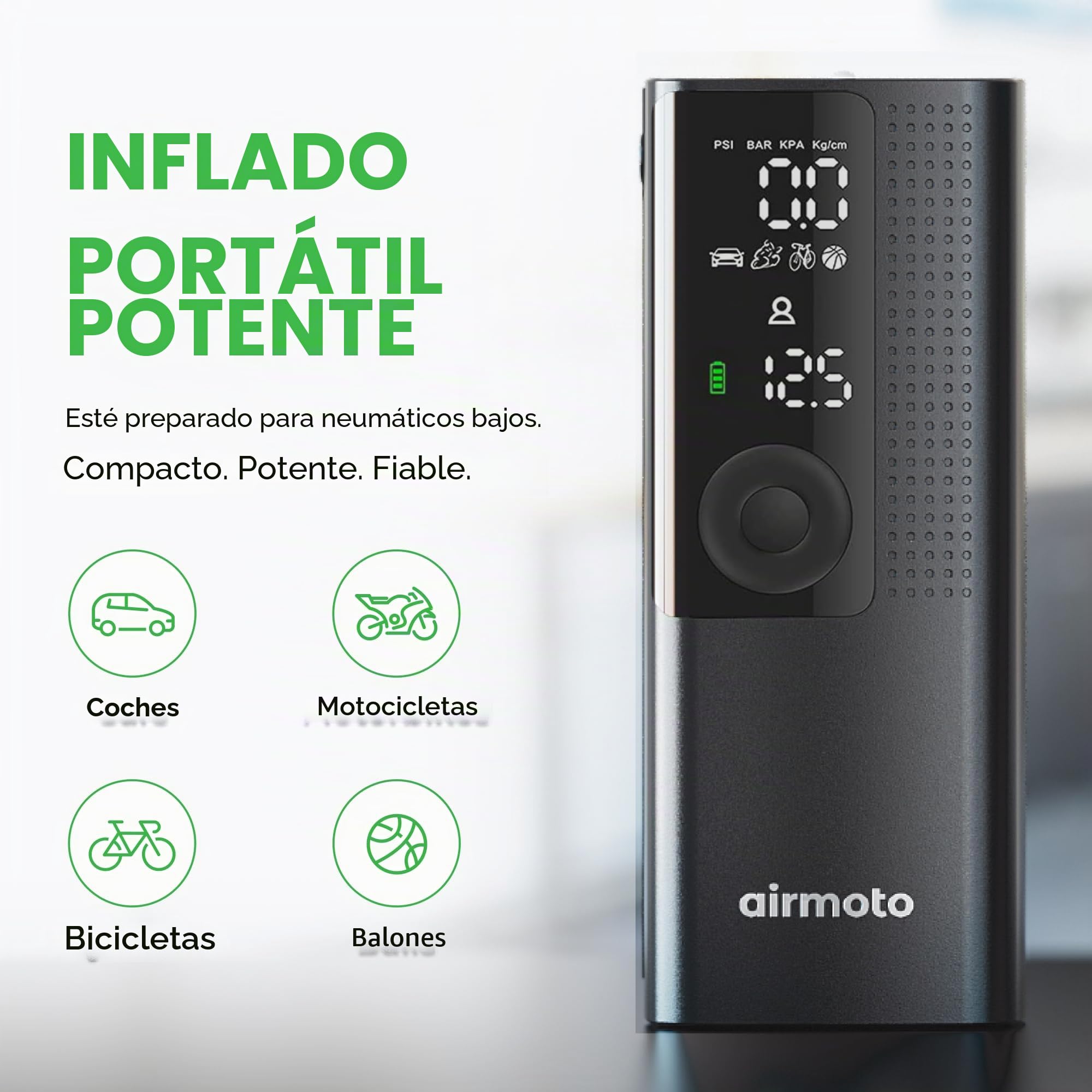 Airmoto La bomba de aire portátil original, 120 PSI compresor de aire inflador de neumáticos – se adapta a neumáticos de coche, camión y motocicleta – Medidor de presión digital, bomba compacta