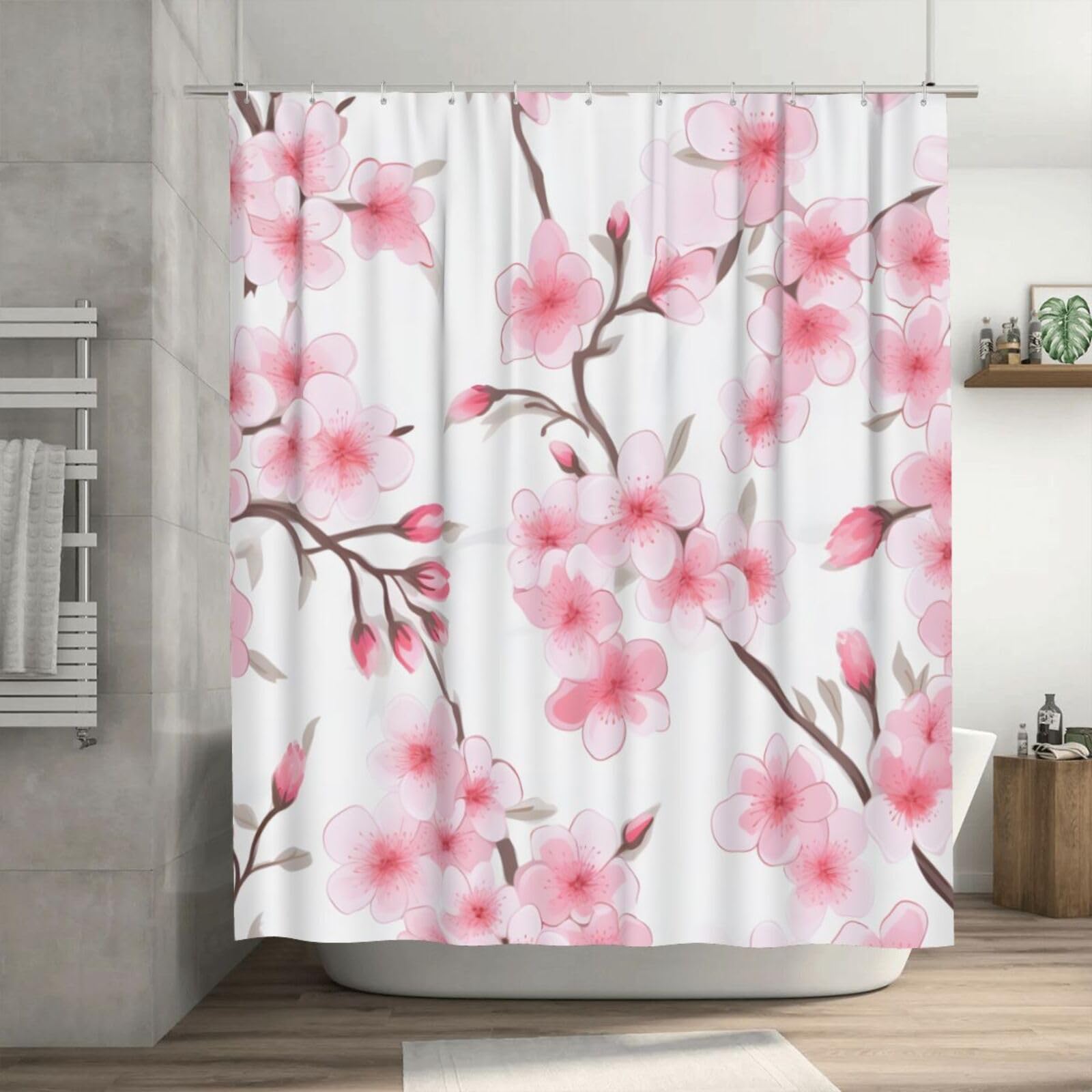 Mexpekil Shower Curtain 183x183 cm Pink Cherry Blossom Waterproof Bathroom Curtains with 12 Plastic Hooks Polyester Fabric Shower Curtains for Bathroom Bathtub