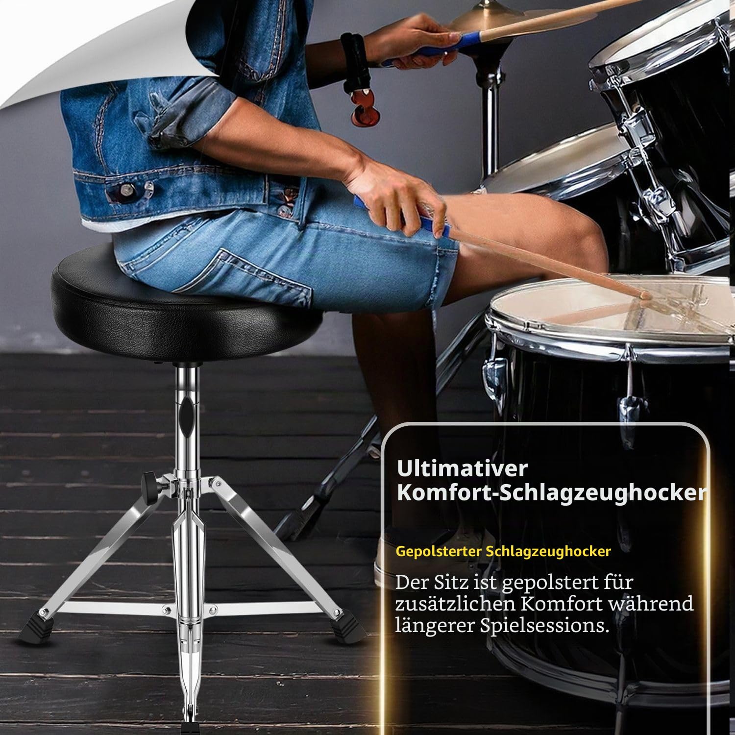 Flexzion-Trommelthron - Trommelhocker gepolsterter runder Sitz höhenverstellbar mit stabilem Stativfuß, rutschfesten Gummifüßen klappbar für Schlagzeuger, Perkussions-, Keyboard- und Klavierspieler
