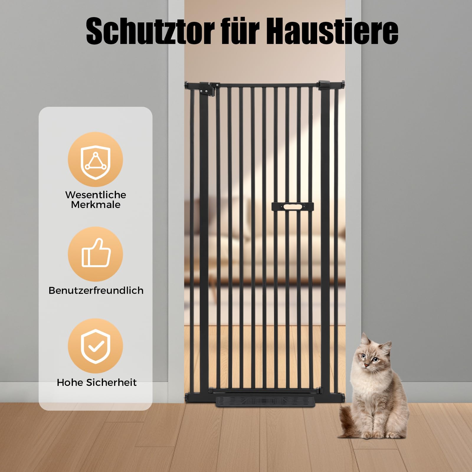 Treppengitter Schutzgitter für Haustiere Extra Hoch 150cm, Treppengitter Ohne Bohren Hundezaun Versenkbare Tür Sicherheitstor mit 2 rutschfeste Fußpedale, für Kinder und Haustiere