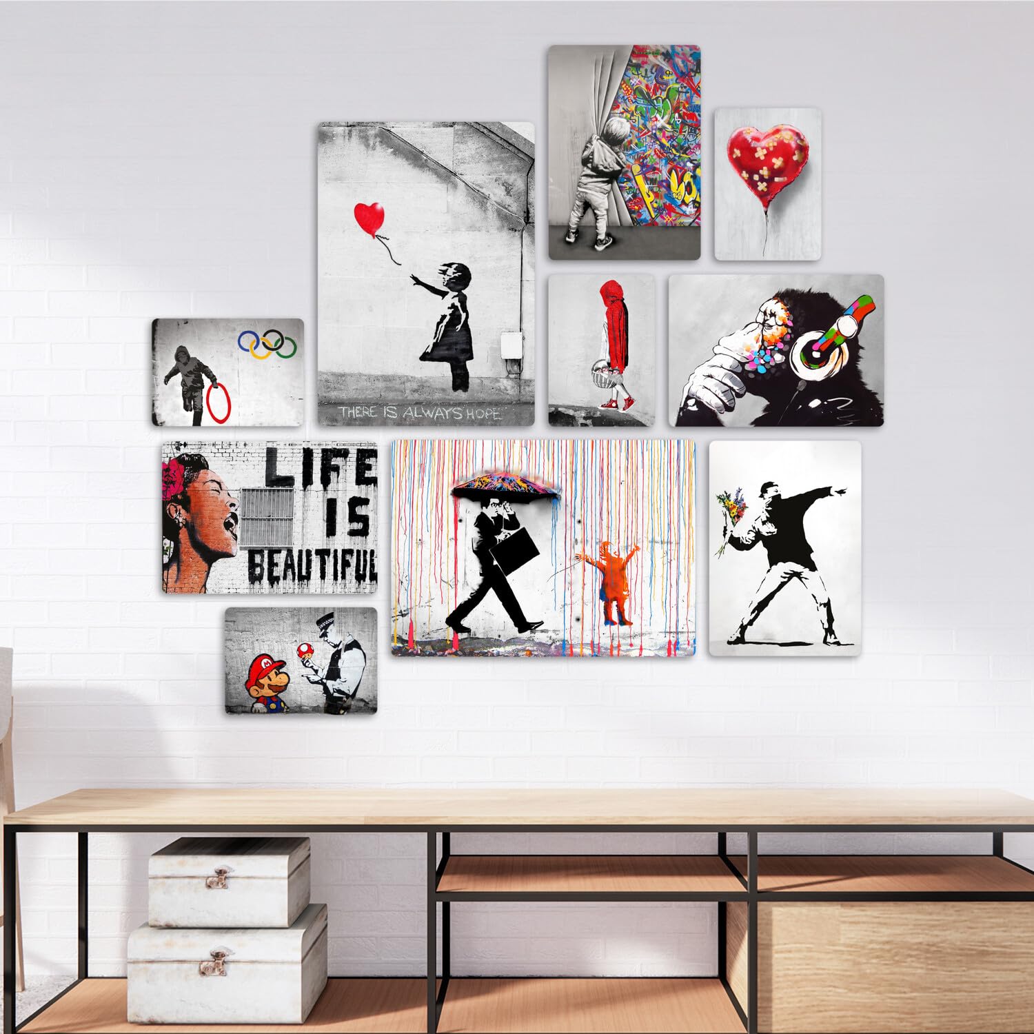 Banksy Sammlung 1 Giallobus Satz von 10 mehrteiligen Gemälden MDF-Holz 42x29,7cm 29,7x21cm 21x14,85cm
