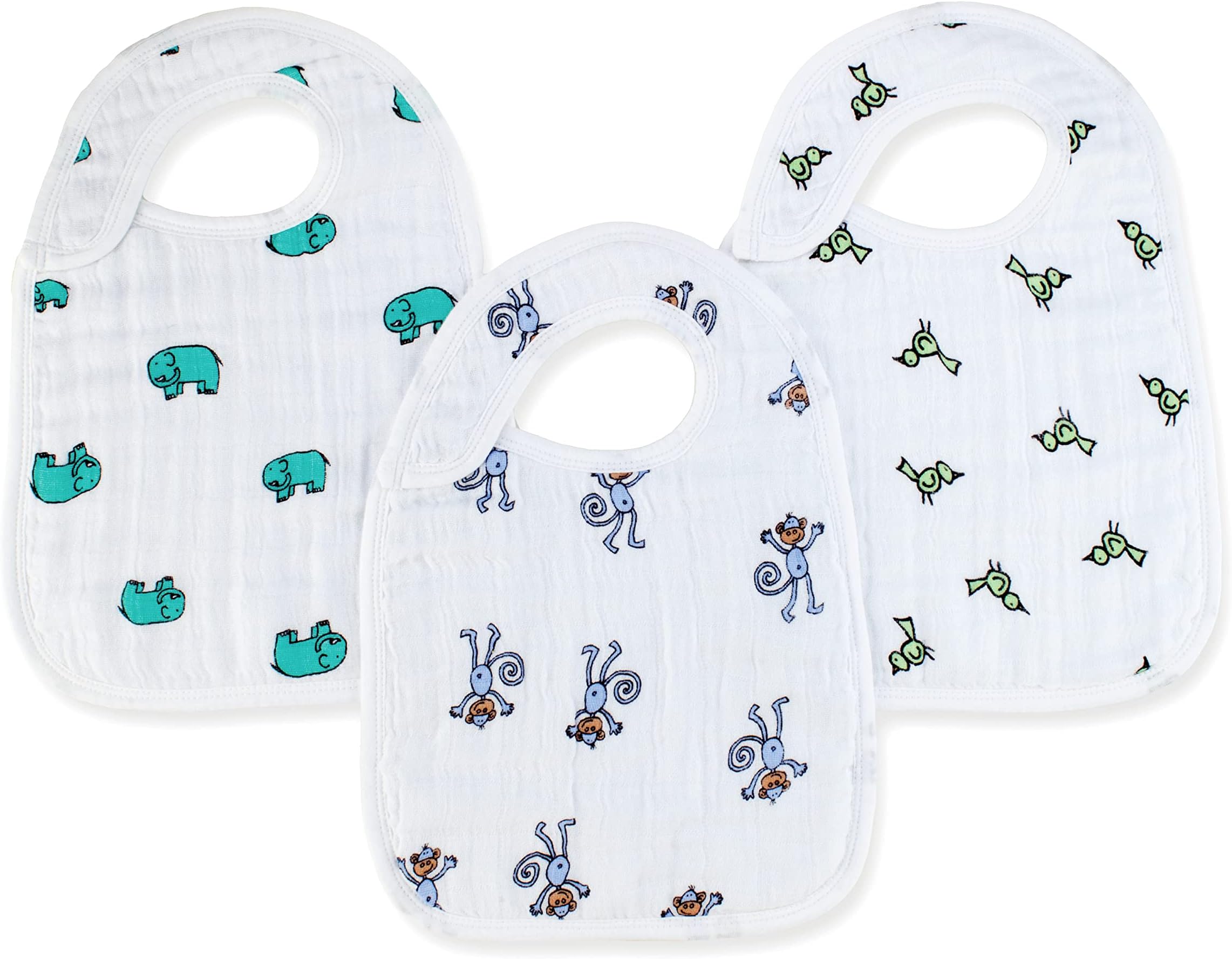 Snap Bib; 100% Cotton Muslin; Soft Absorbent 3 Layers; Adjustable; 9'' X 13''; 3 Pack; Jungle Jam; Elephants and Monkeys