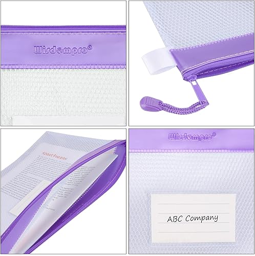 Miniatura 5 de Wisdompro - Bolsa con cremallera, 4 paquetes de bolsa de archivos de malla impermeable duradera tamaño carta, organizador de documentos, color morado